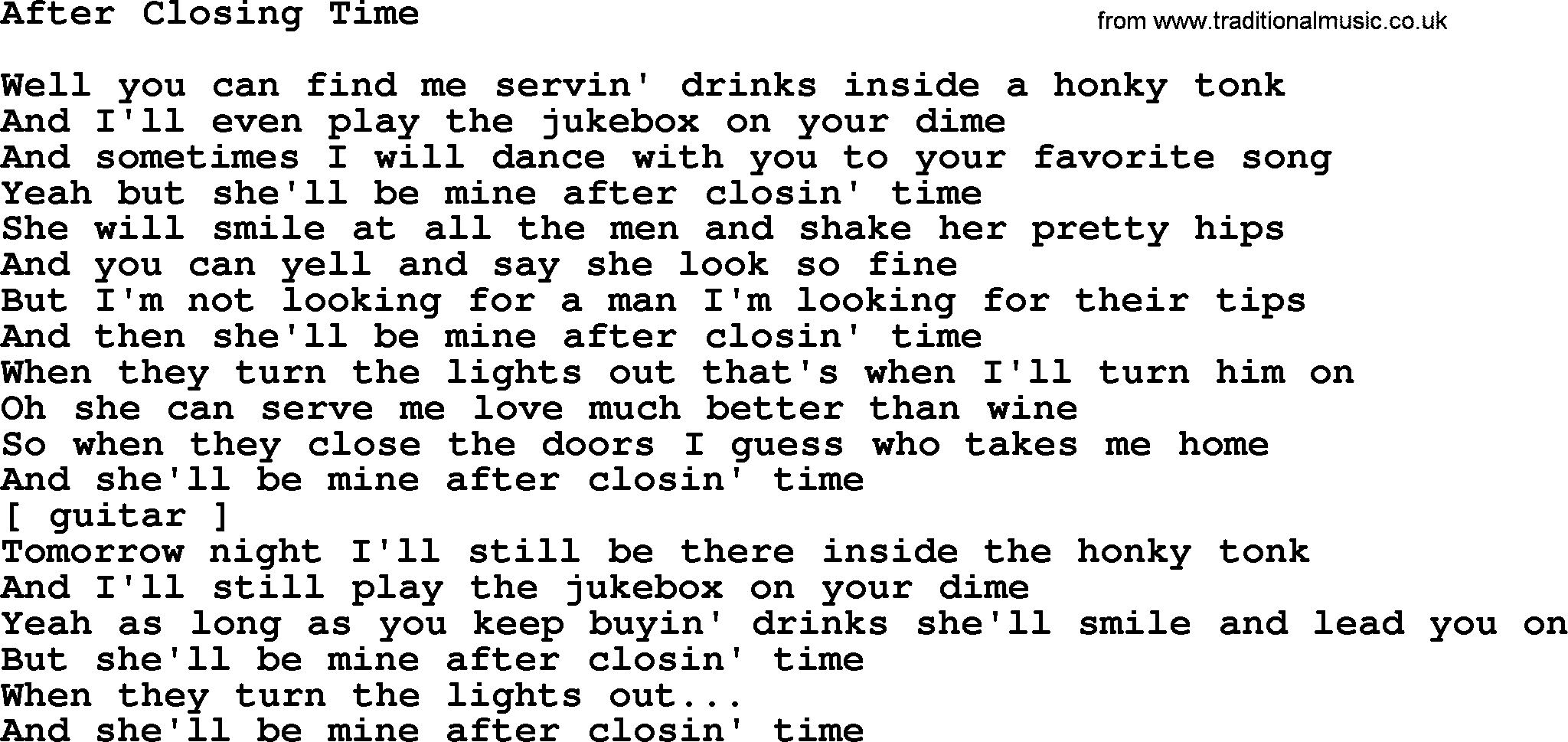 George Jones song: After Closing Time, lyrics