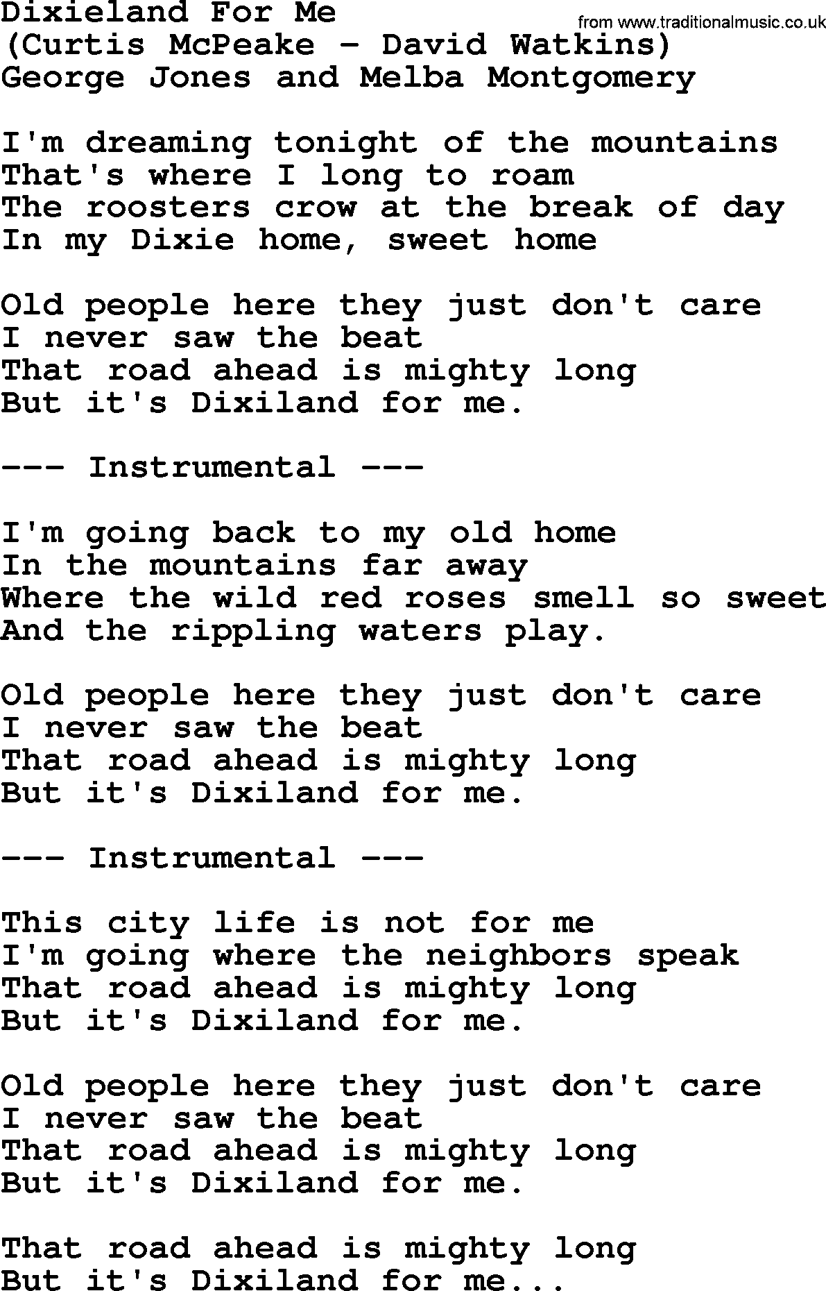 George Jones song: Dixieland For Me, lyrics