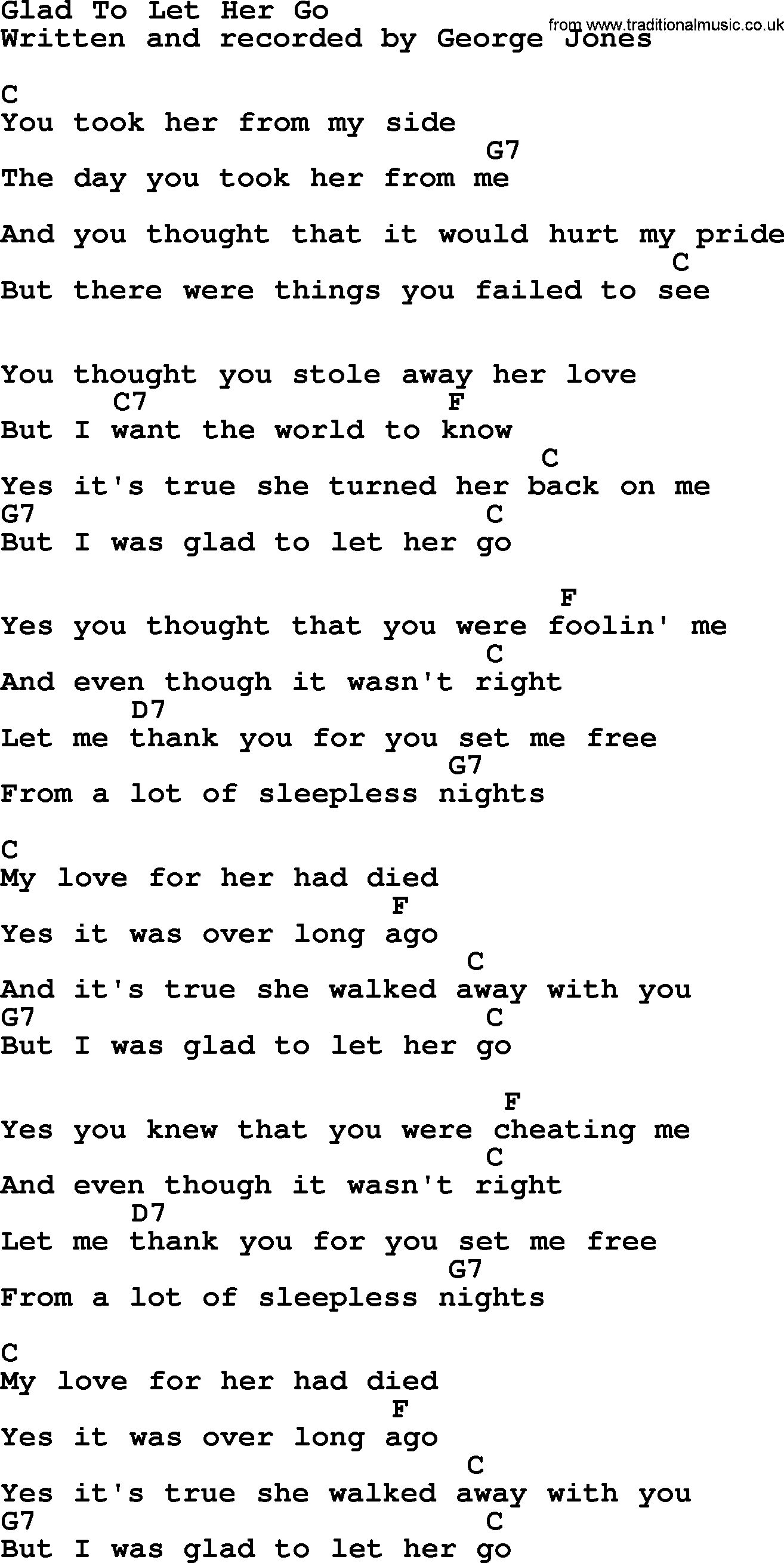 George Jones song: Glad To Let Her Go, lyrics and chords