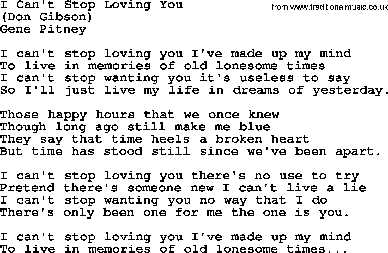 George Jones song: I Can't Stop Loving You, lyrics