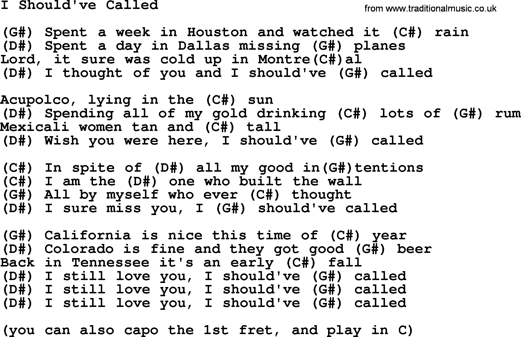 George Jones song: I Should've Called, lyrics and chords