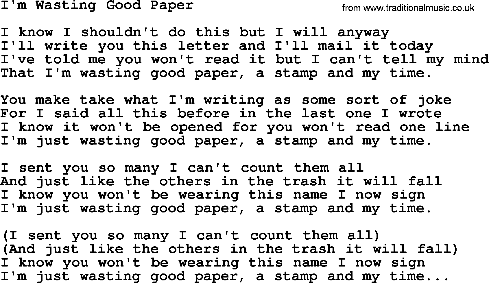 George Jones song: I'm Wasting Good Paper, lyrics