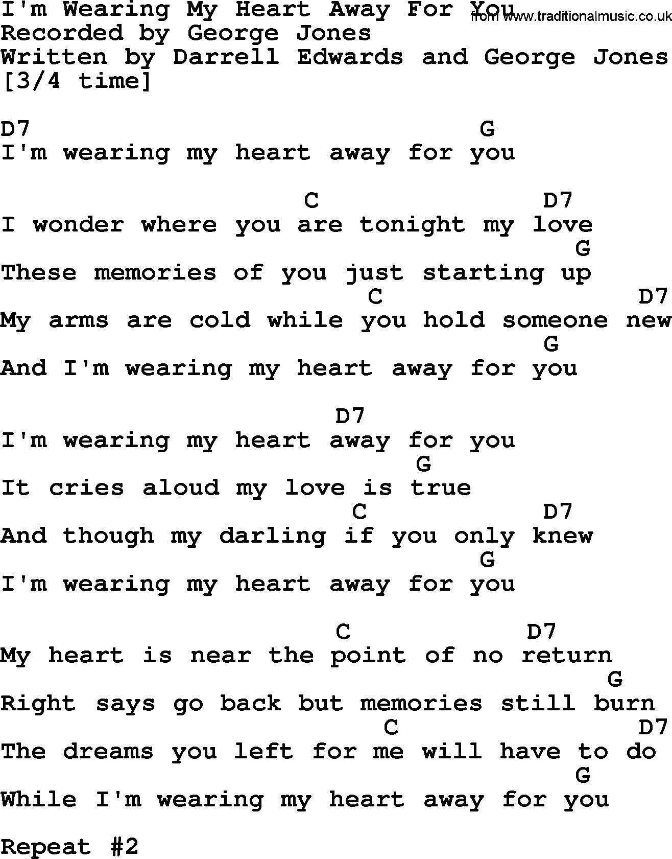 George Jones song: I'm Wearing My Heart Away For You, lyrics and chords
