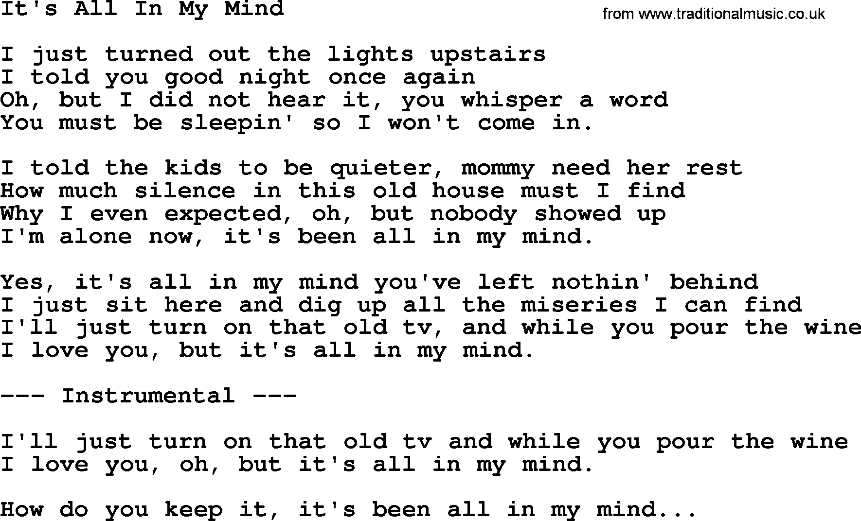 George Jones song: It's All In My Mind, lyrics