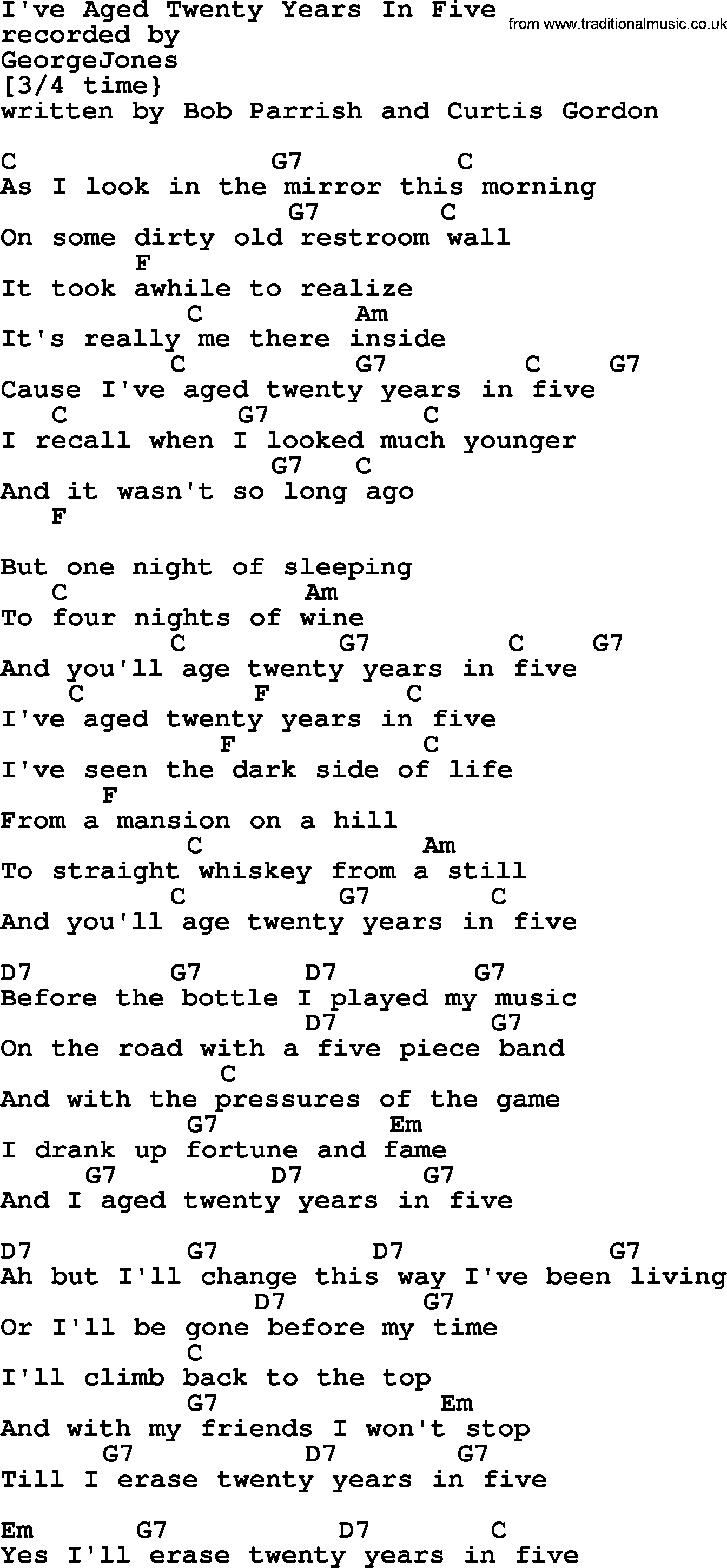George Jones song: I've Aged Twenty Years In Five, lyrics and chords