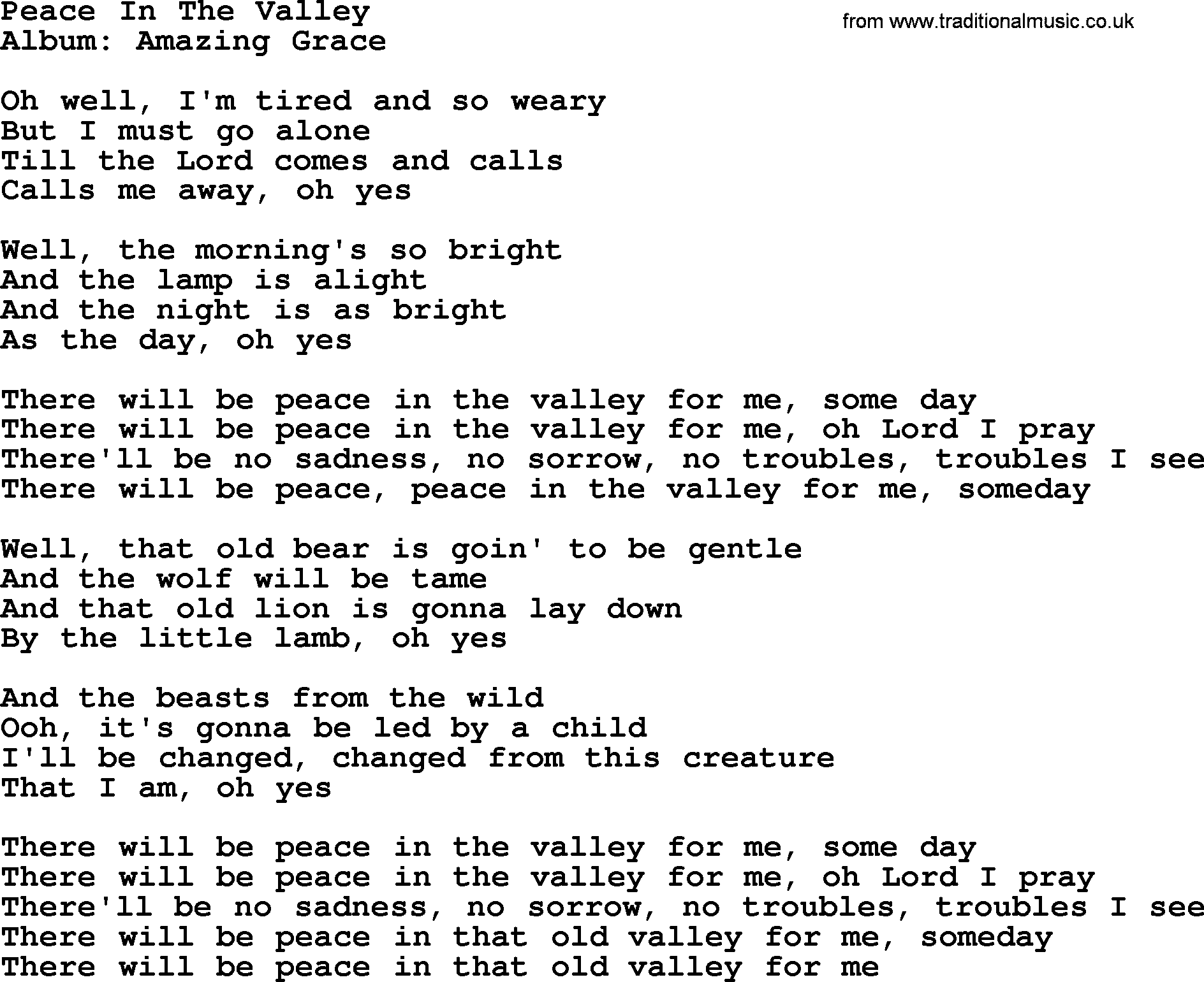 George Jones song: Peace In The Valley, lyrics