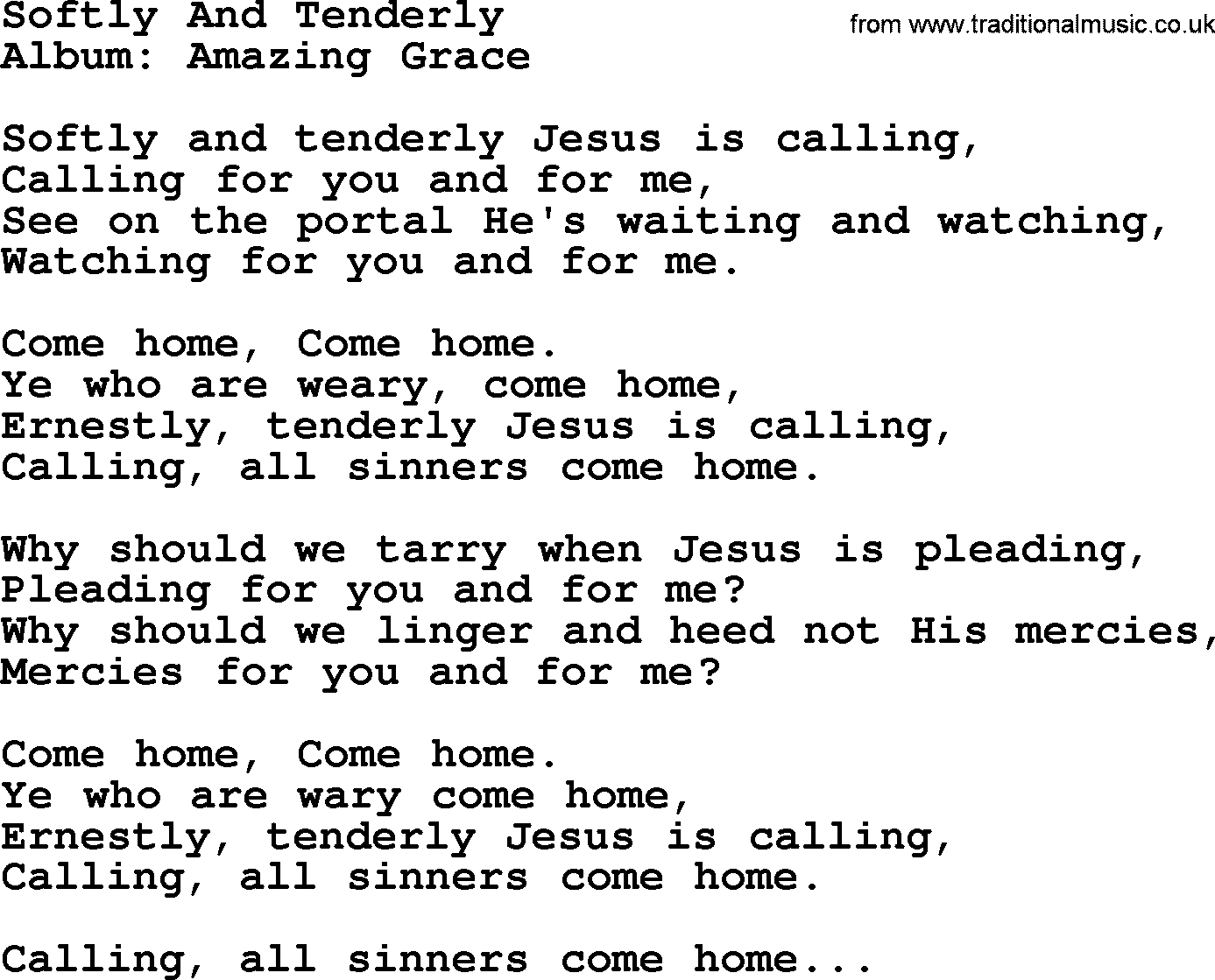 George Jones song: Softly And Tenderly, lyrics