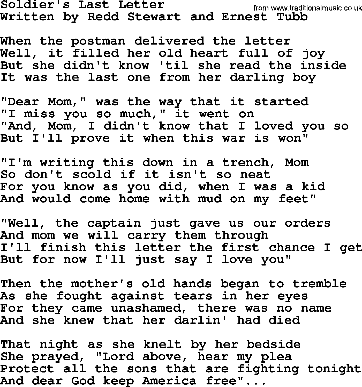 George Jones song: Soldier's Last Letter, lyrics