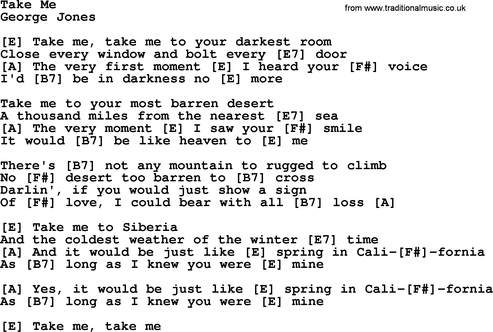 George Jones song: Take Me, lyrics and chords