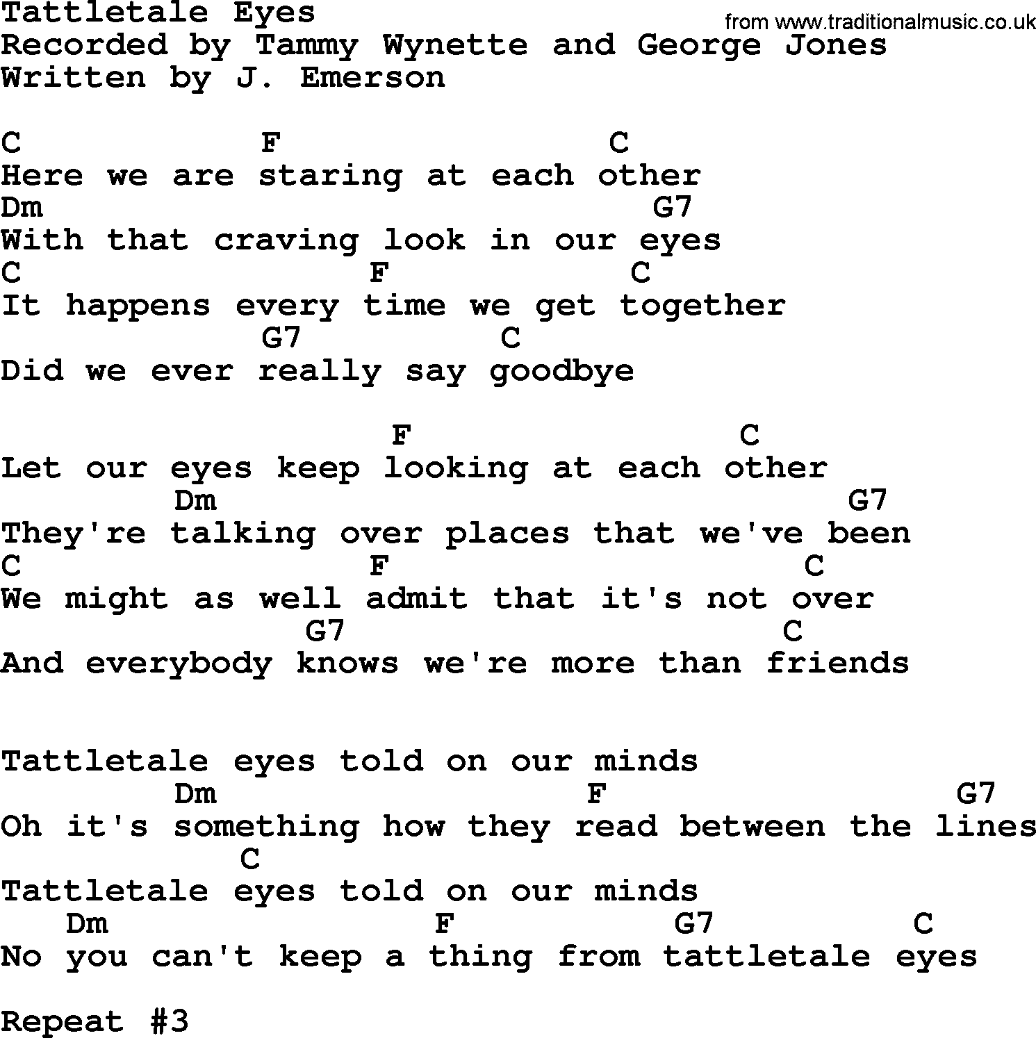 George Jones song: Tattletale Eyes, lyrics and chords