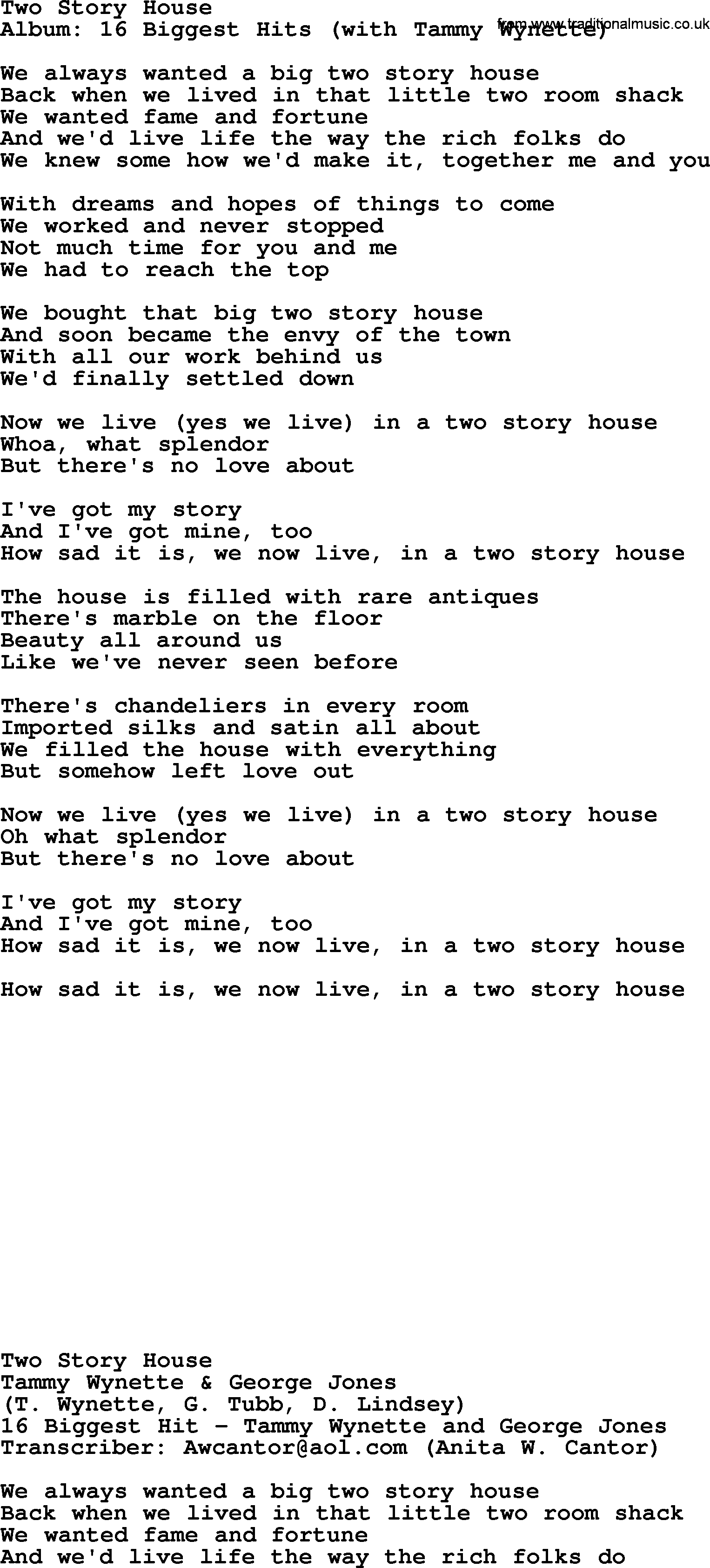 George Jones song: Two Story House, lyrics