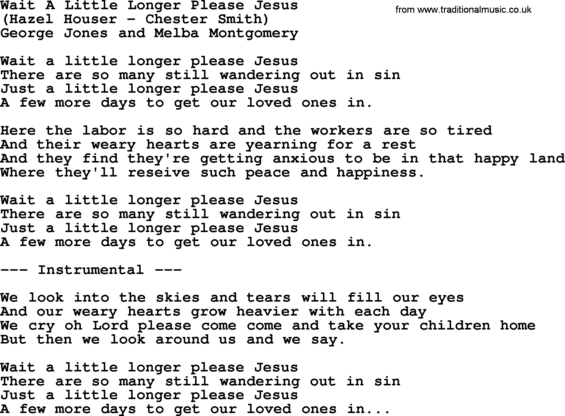George Jones song: Wait A Little Longer Please Jesus, lyrics