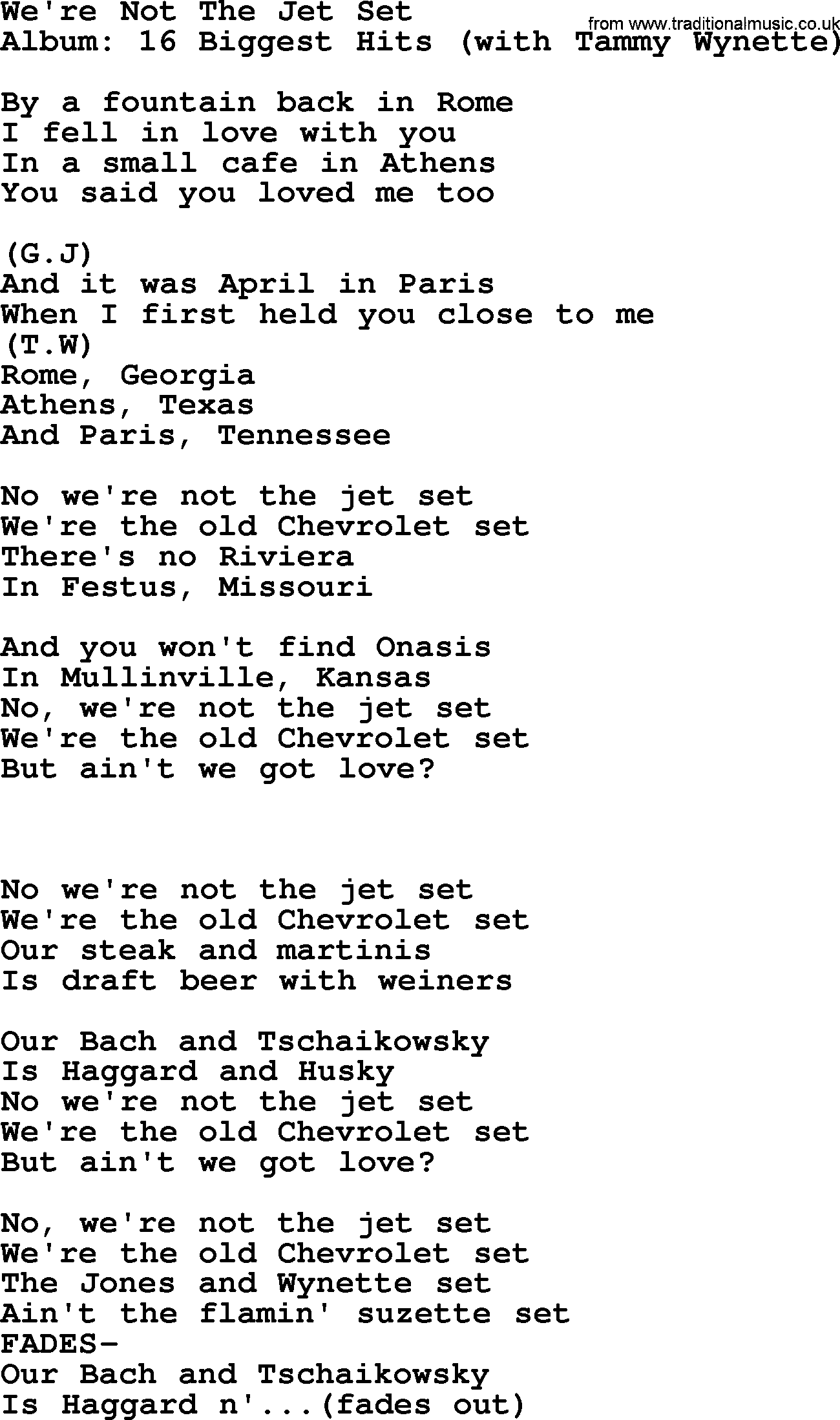 George Jones song: We're Not The Jet Set, lyrics