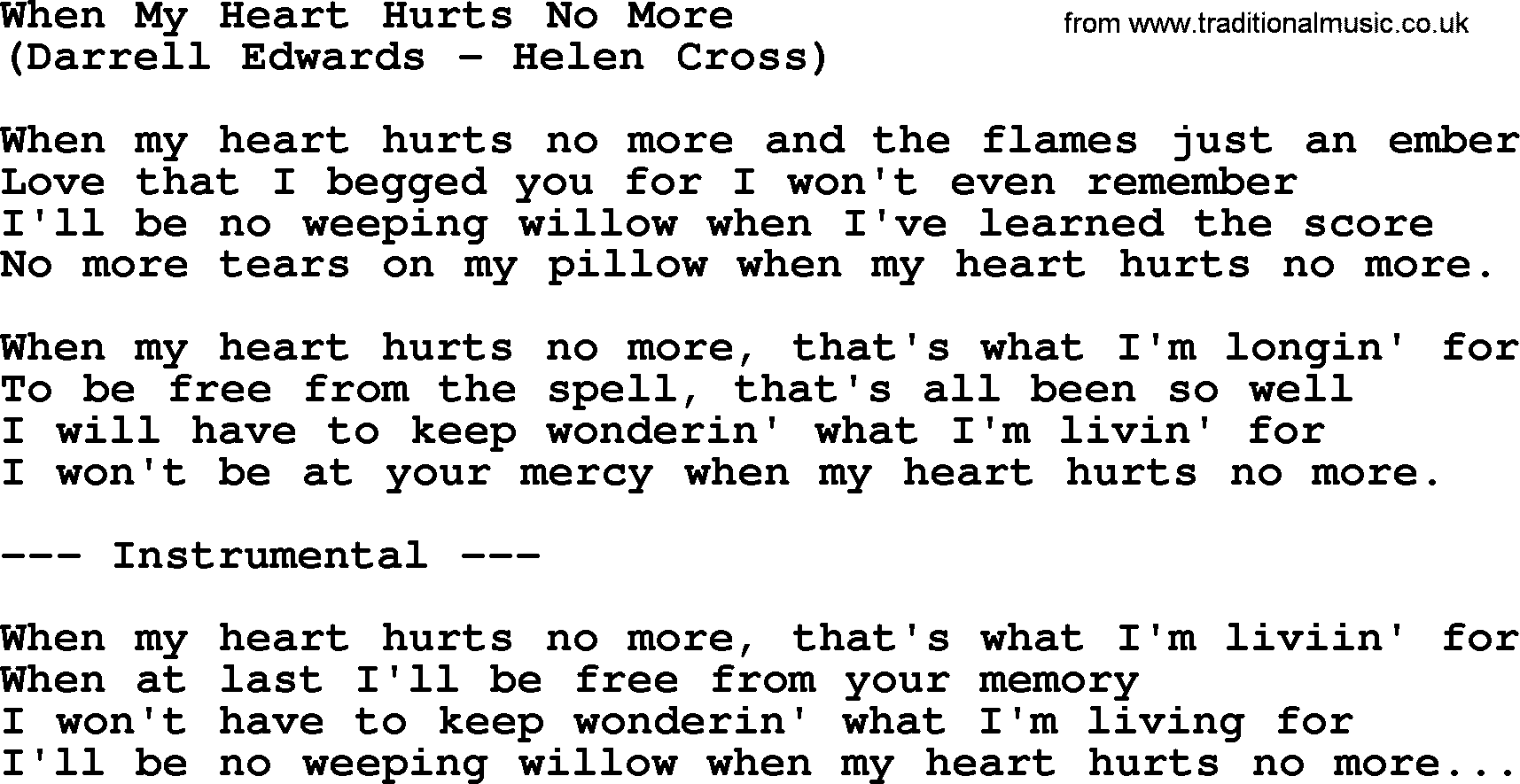 George Jones song: When My Heart Hurts No More, lyrics