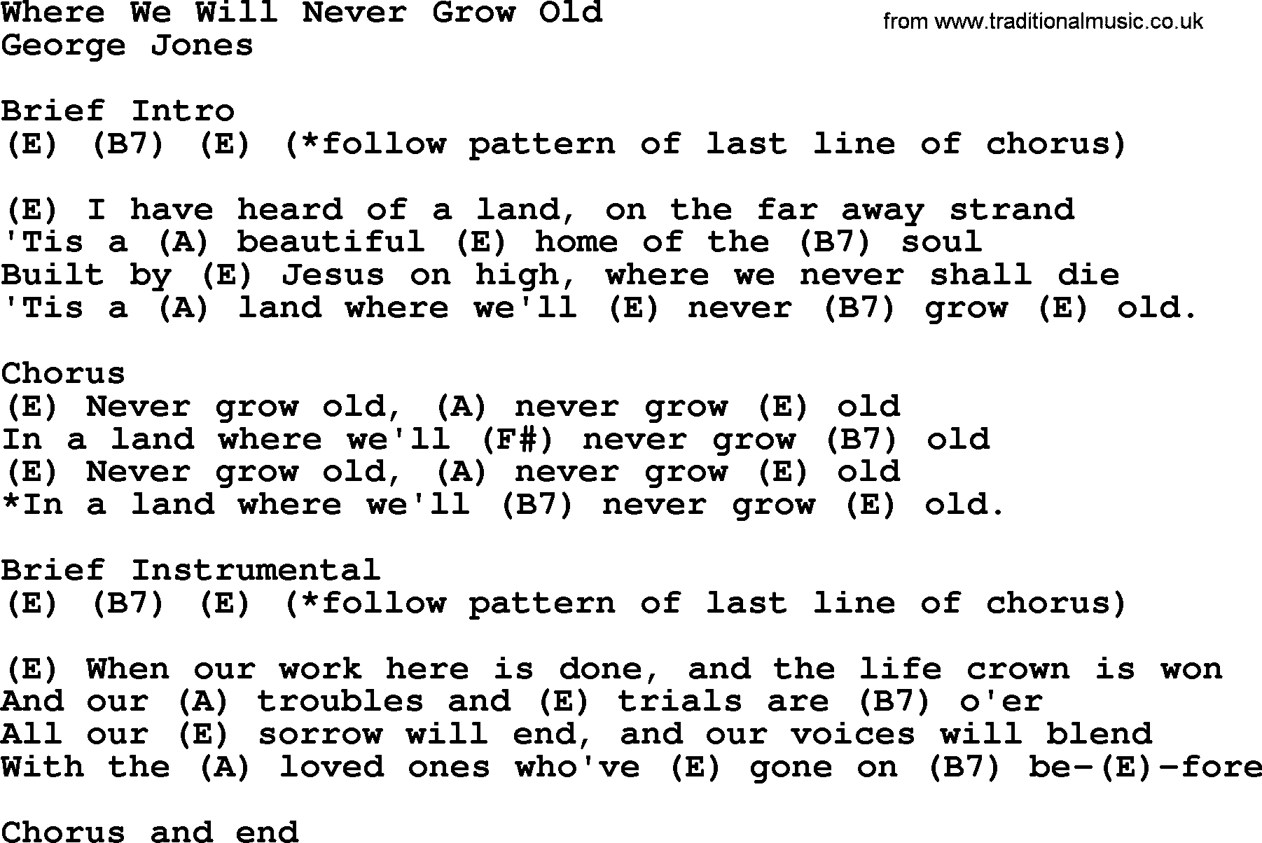 George Jones song: Where We Will Never Grow Old, lyrics and chords
