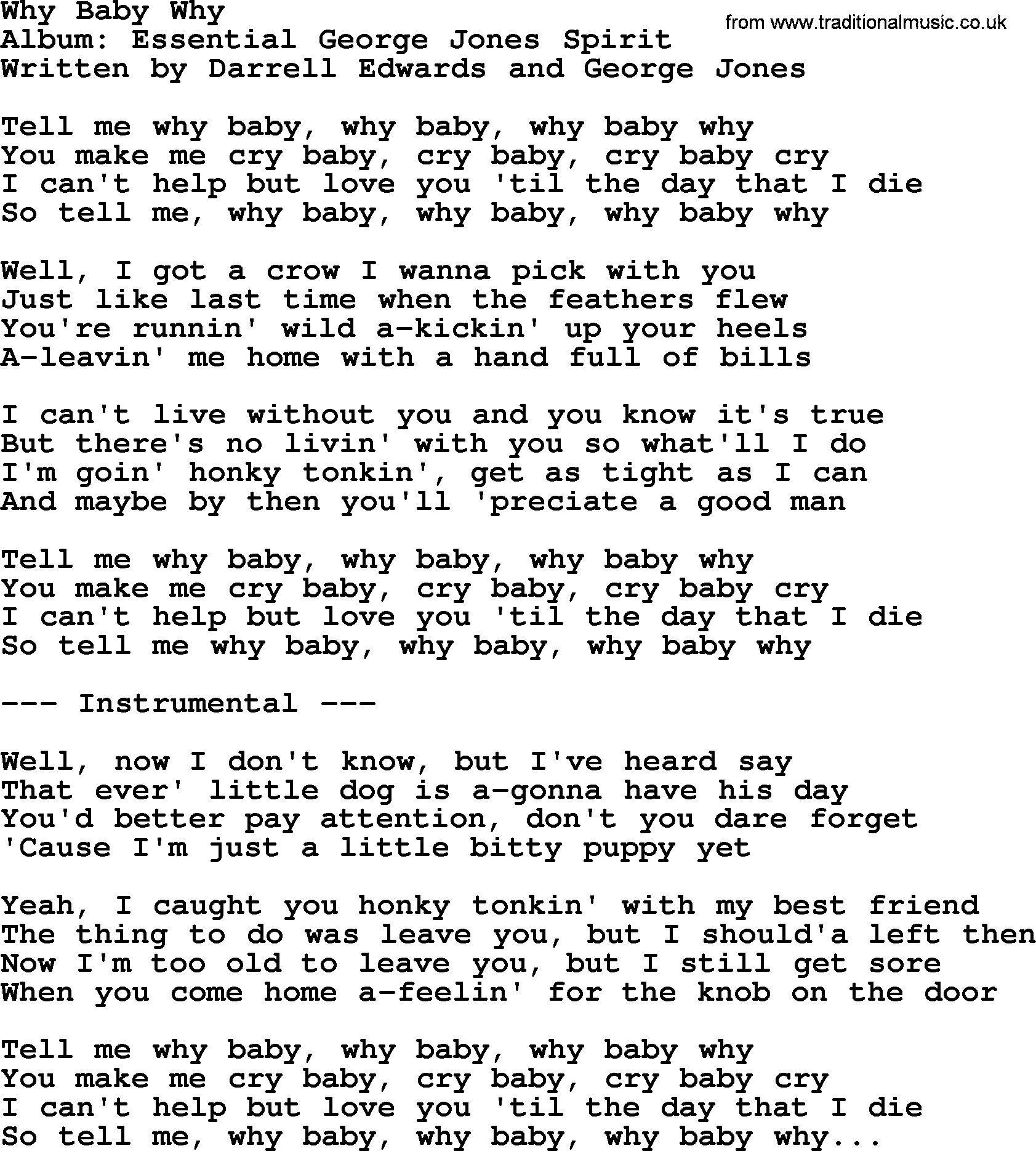 George Jones song: Why Baby Why, lyrics