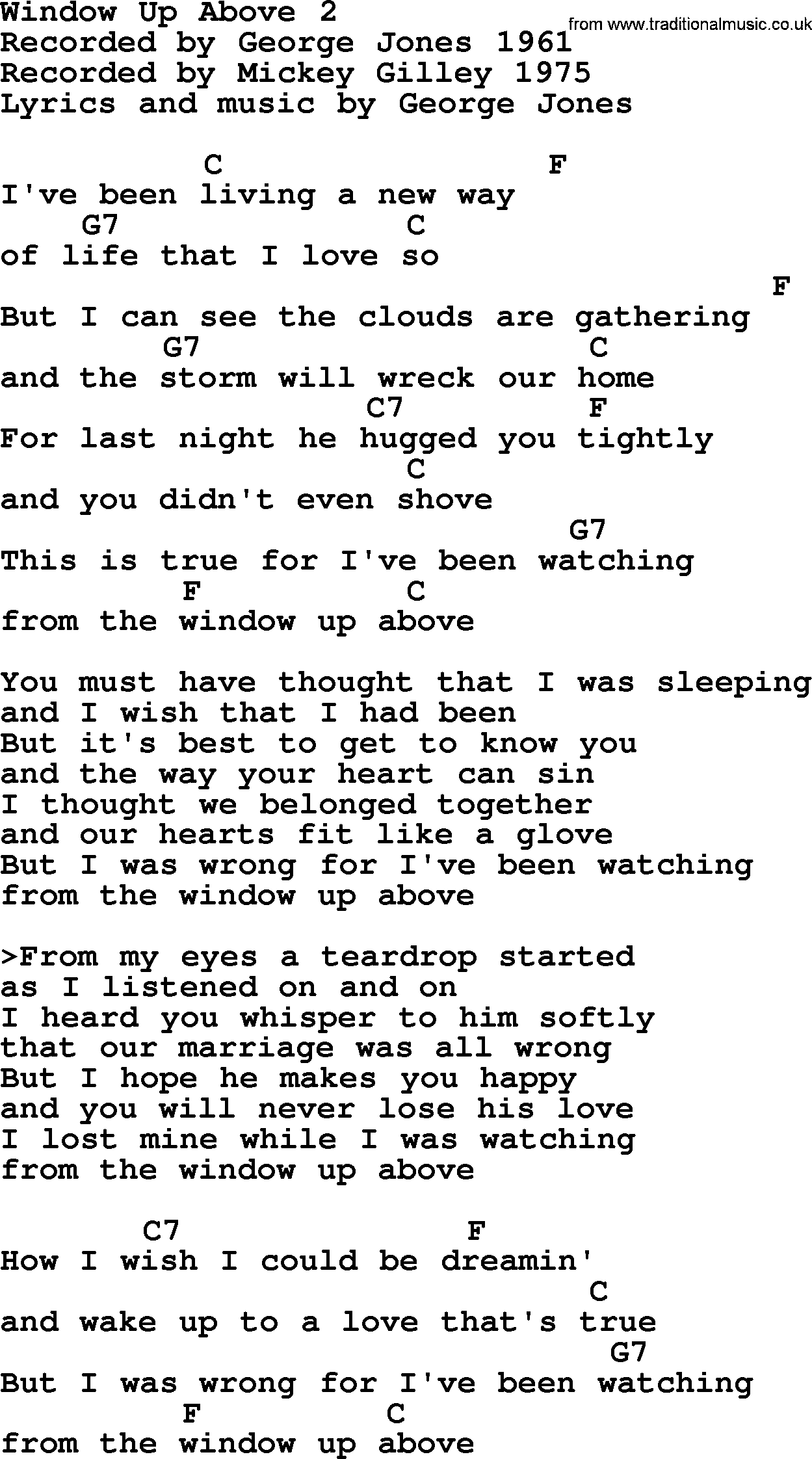 George Jones song: Window Up Above 2, lyrics and chords