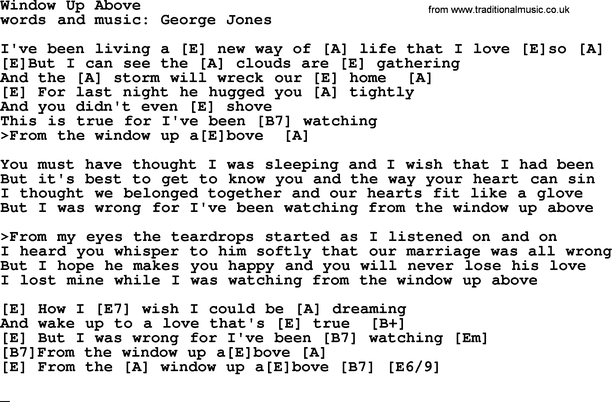 George Jones song: Window Up Above, lyrics and chords
