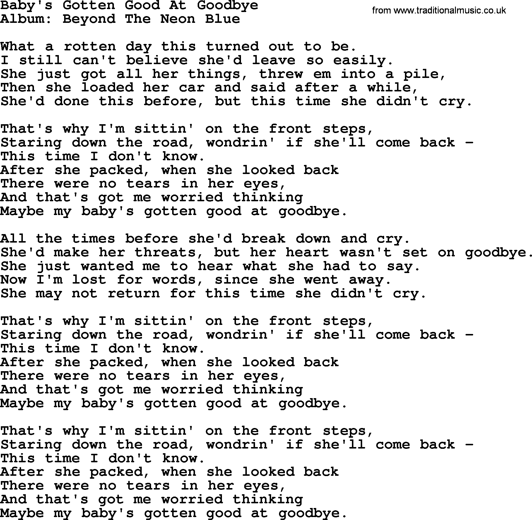 George Strait song: Baby's Gotten Good At Goodbye, lyrics