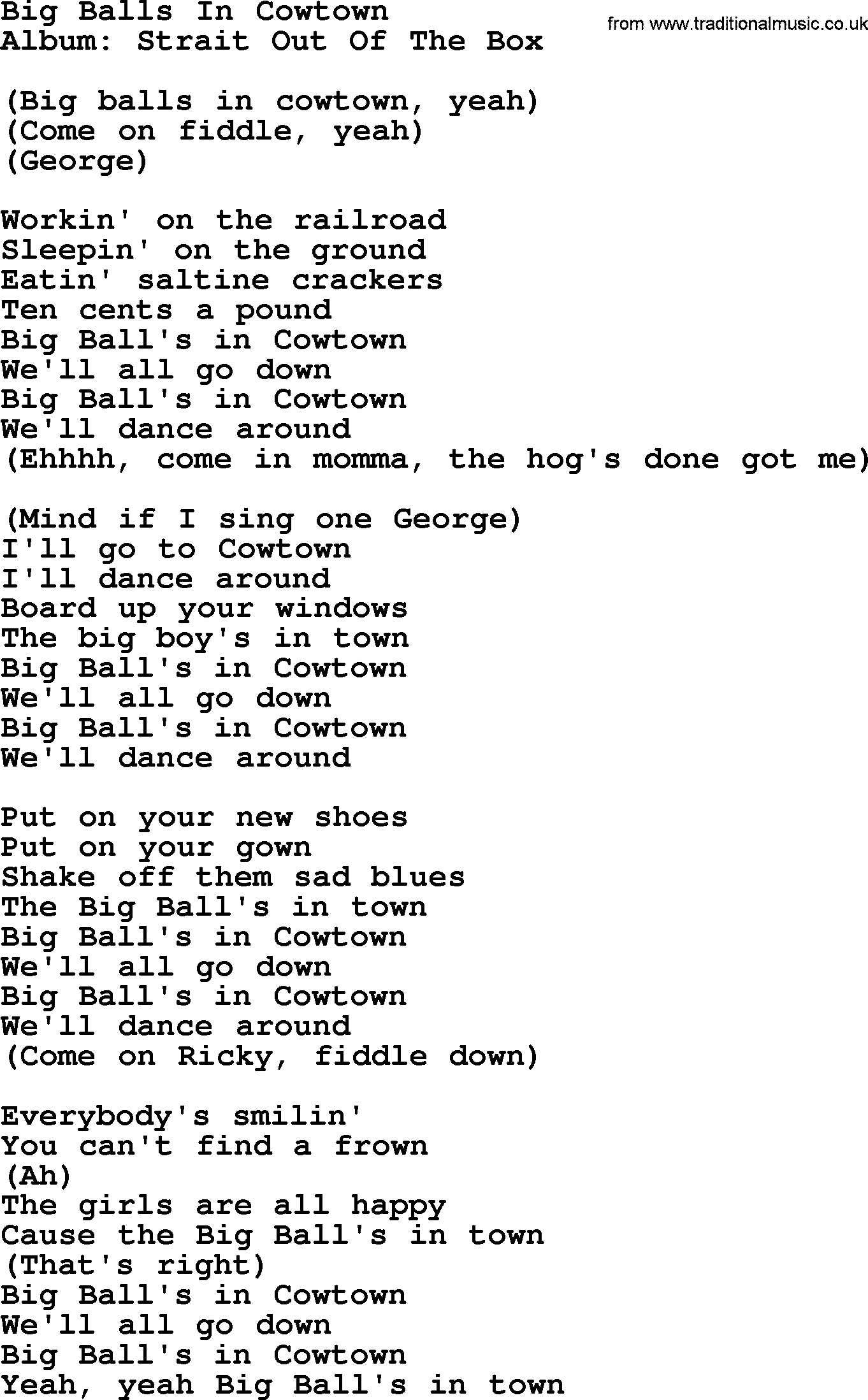 George Strait song: Big Balls In Cowtown, lyrics