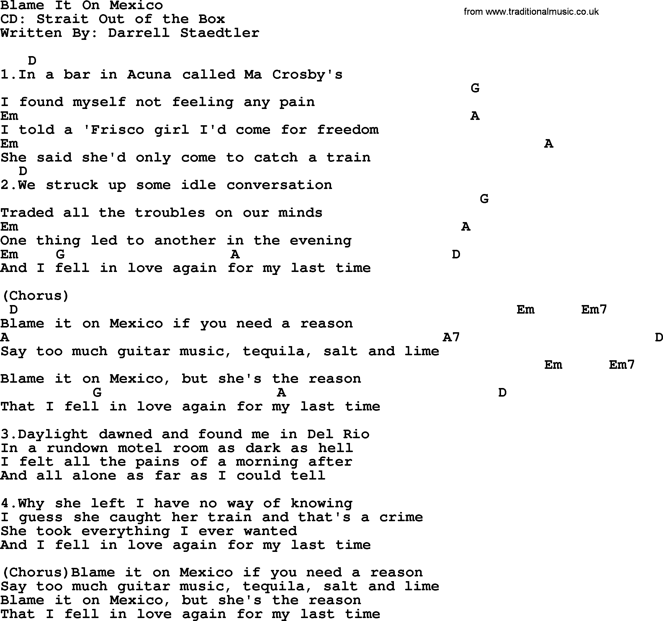 George Strait song: Blame It On Mexico, lyrics and chords