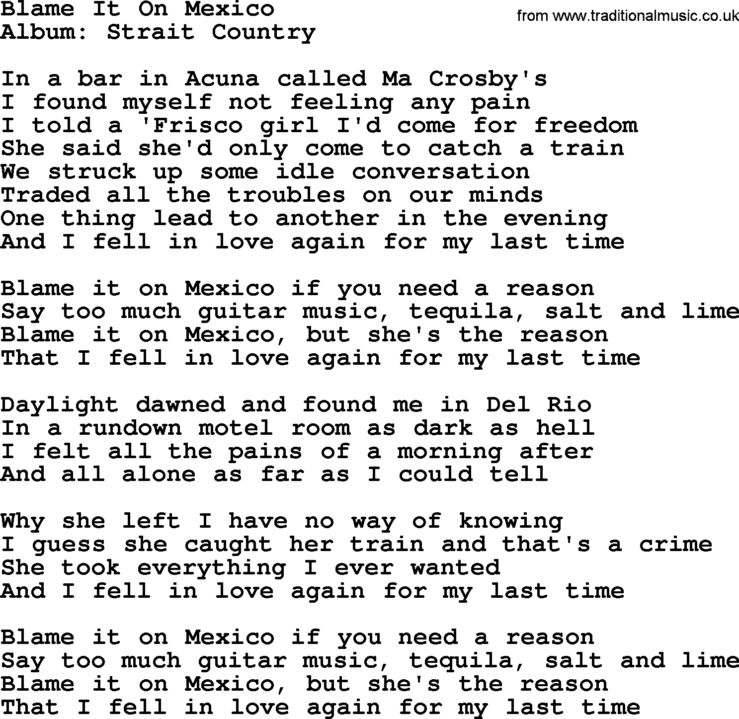 George Strait song: Blame It On Mexico, lyrics