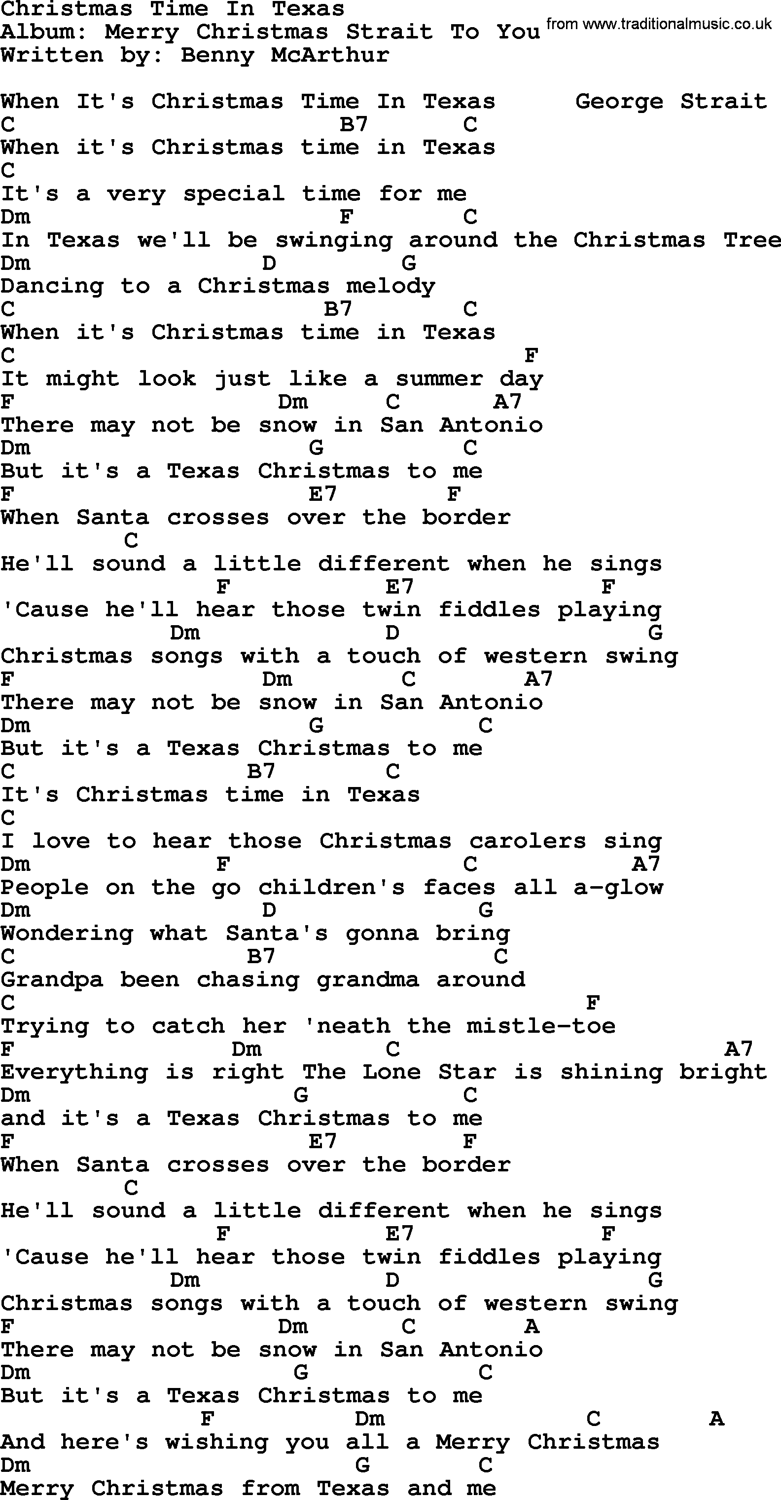 George Strait song: Christmas Time In Texas, lyrics and chords