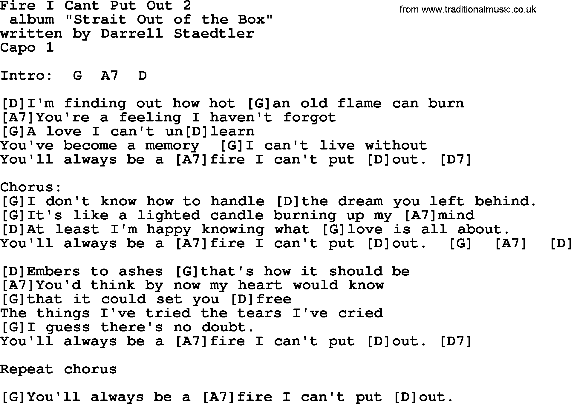 George Strait song: Fire I Cant Put Out 2, lyrics and chords