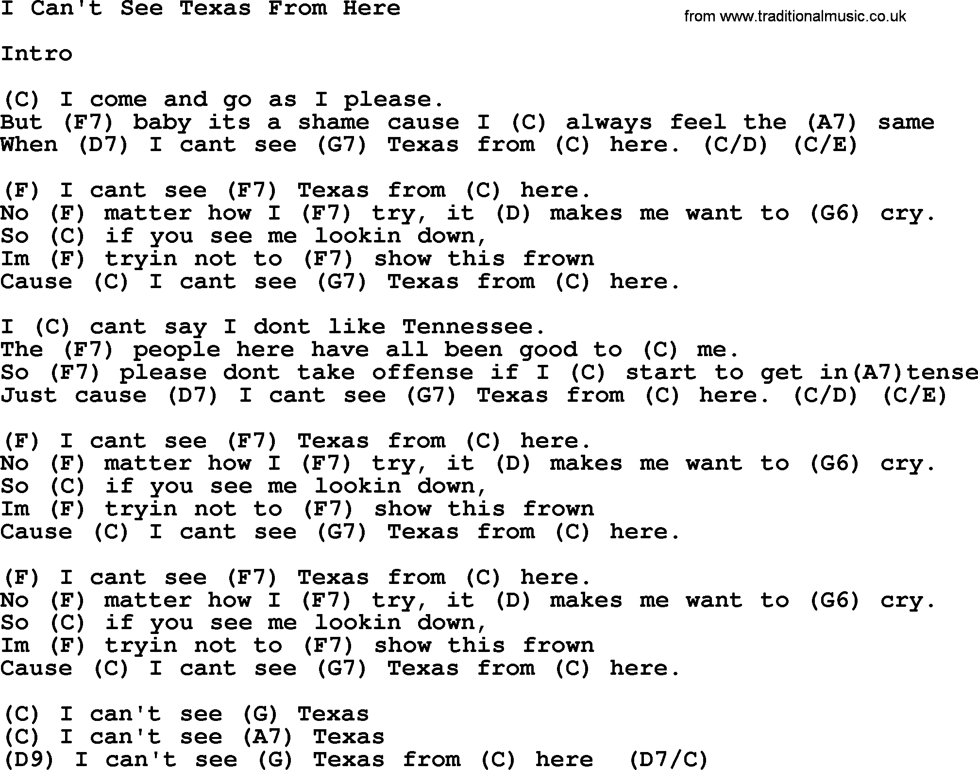 George Strait song: I Can't See Texas From Here, lyrics and chords