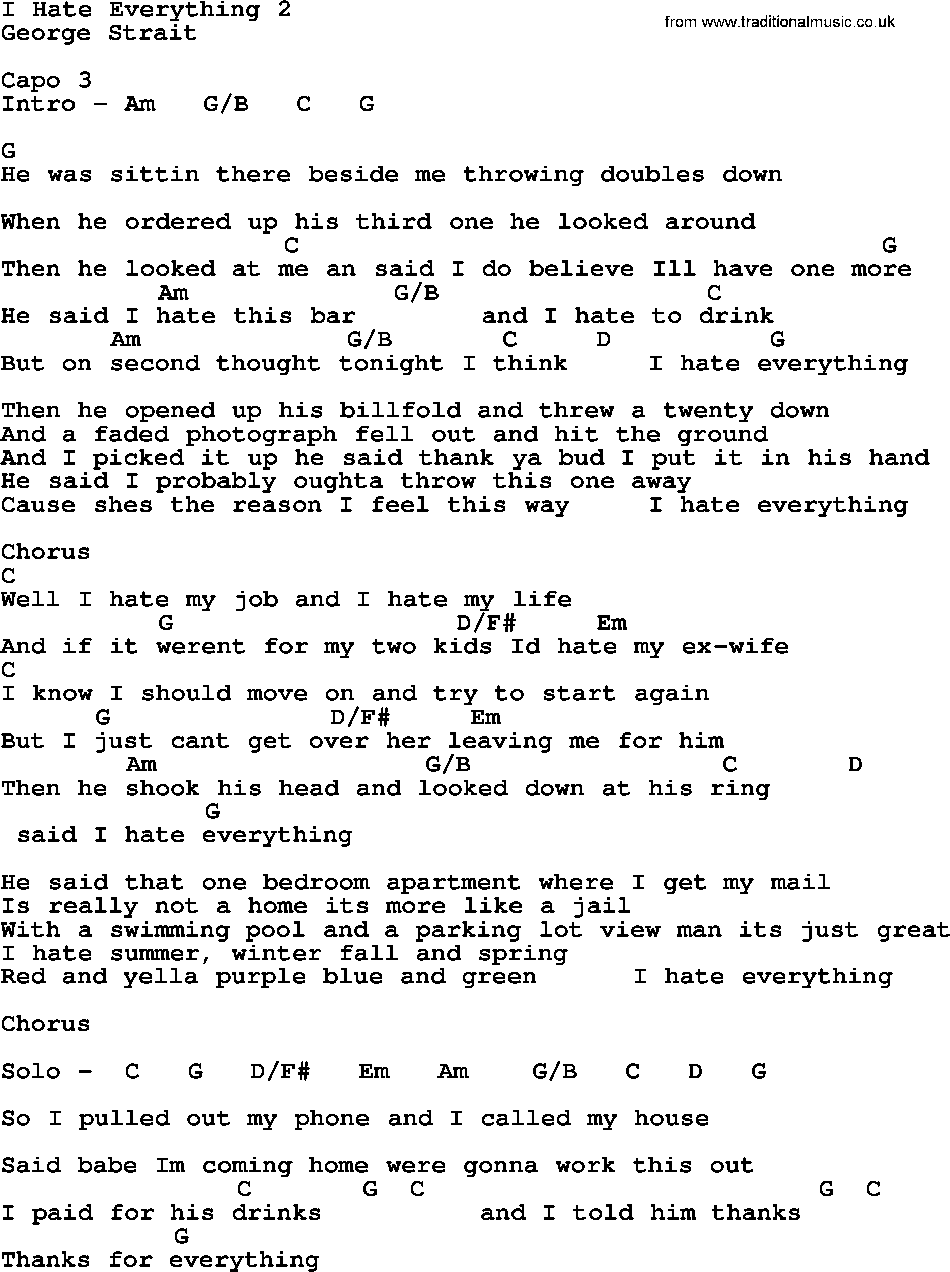 George Strait song: I Hate Everything 2, lyrics and chords