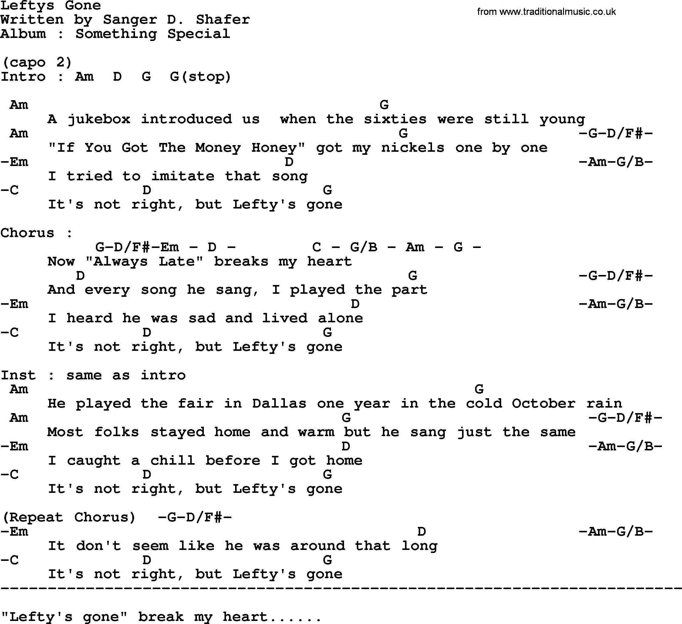 George Strait song: Leftys Gone, lyrics and chords