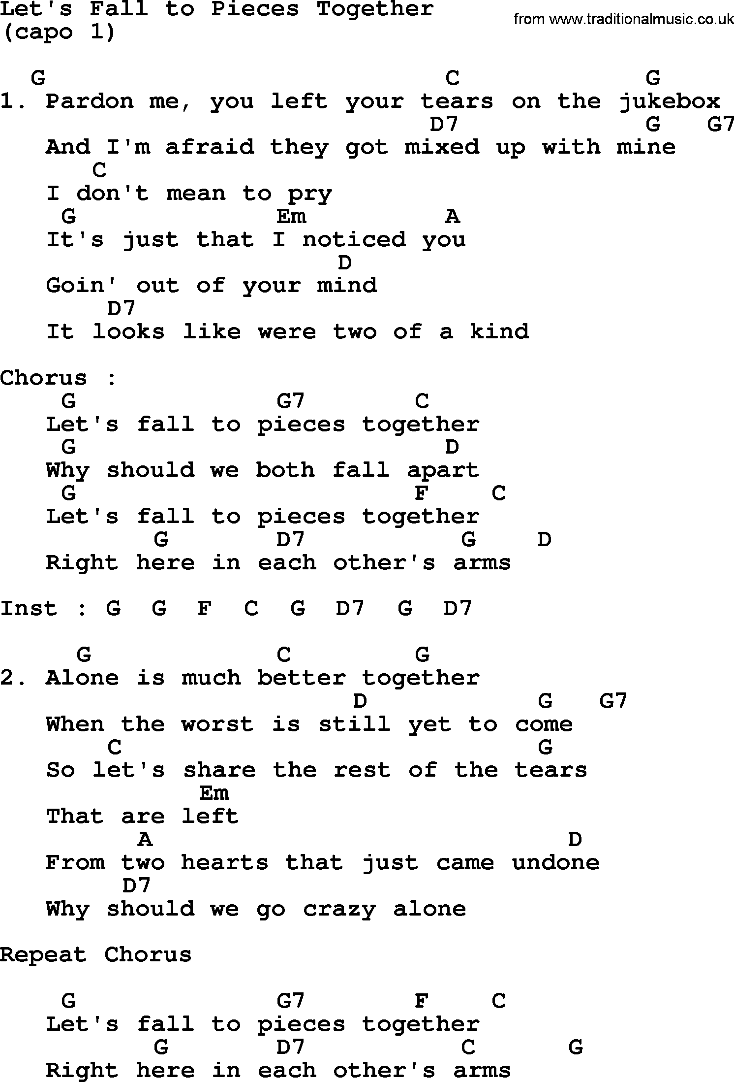 George Strait song: Let's Fall to Pieces Together, lyrics and chords