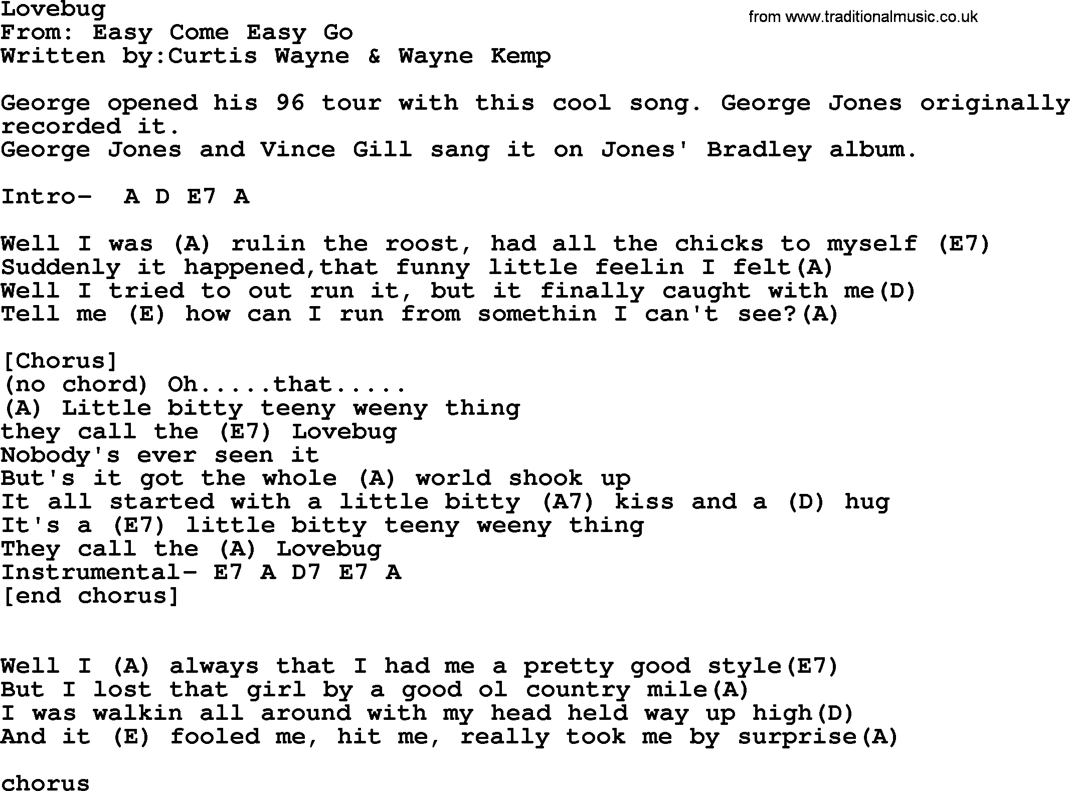 George Strait song: Lovebug, lyrics and chords