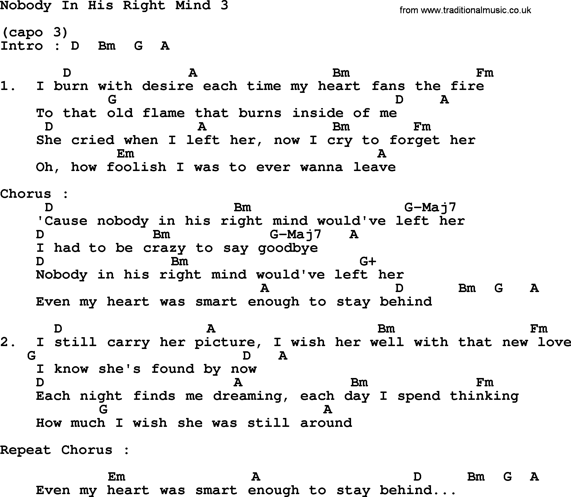 George Strait song: Nobody In His Right Mind 3, lyrics and chords