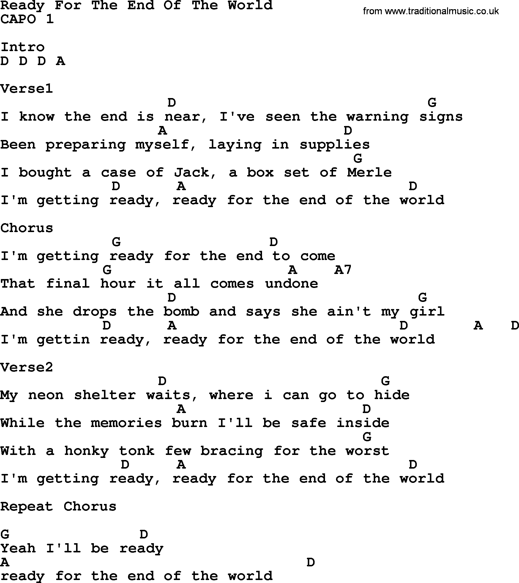 Song lyrics with guitar chords for The End Of The World
