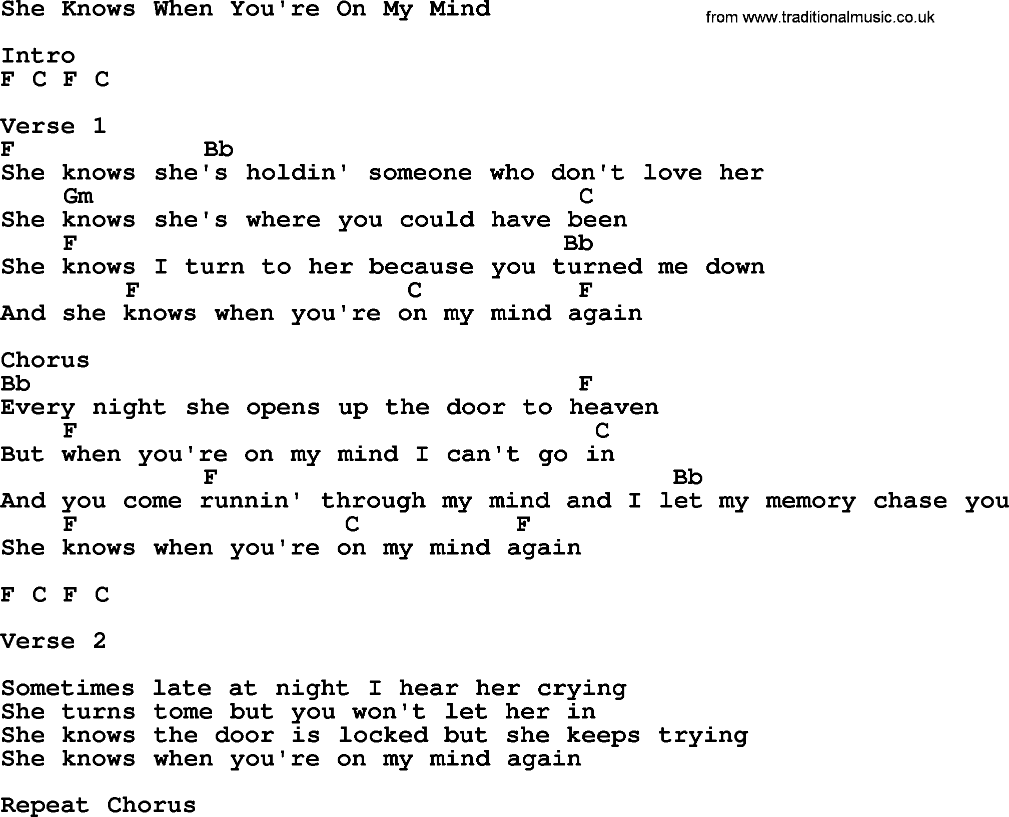 George Strait song: She Knows When You're On My Mind, lyrics and chords
