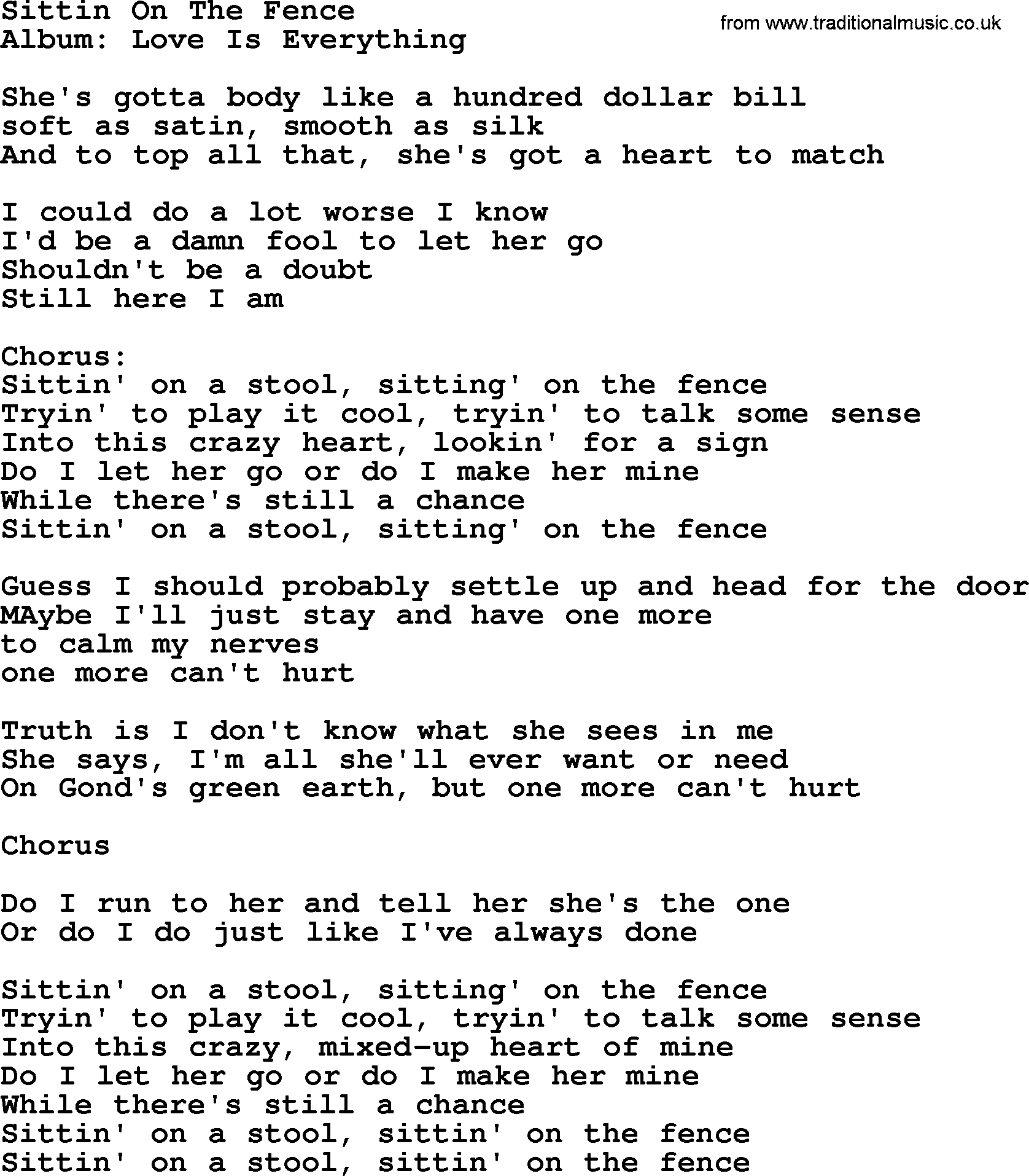 George Strait song: Sittin On The Fence, lyrics