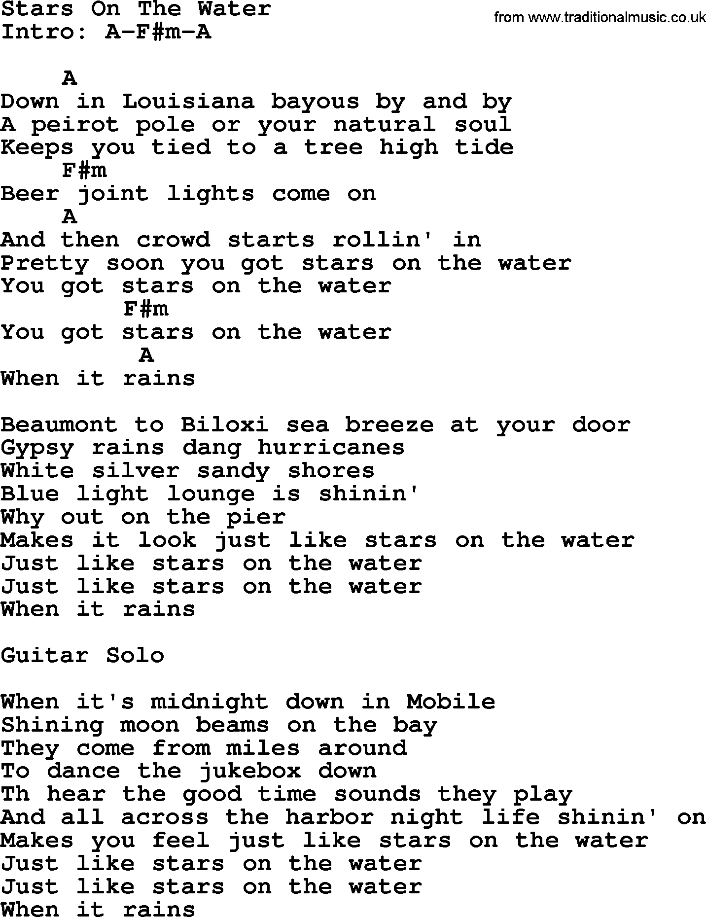 George Strait song: Stars On The Water, lyrics and chords