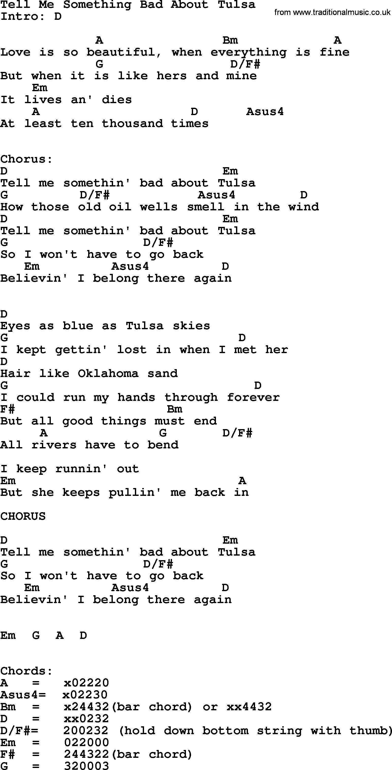 George Strait song: Tell Me Something Bad About Tulsa, lyrics and chords