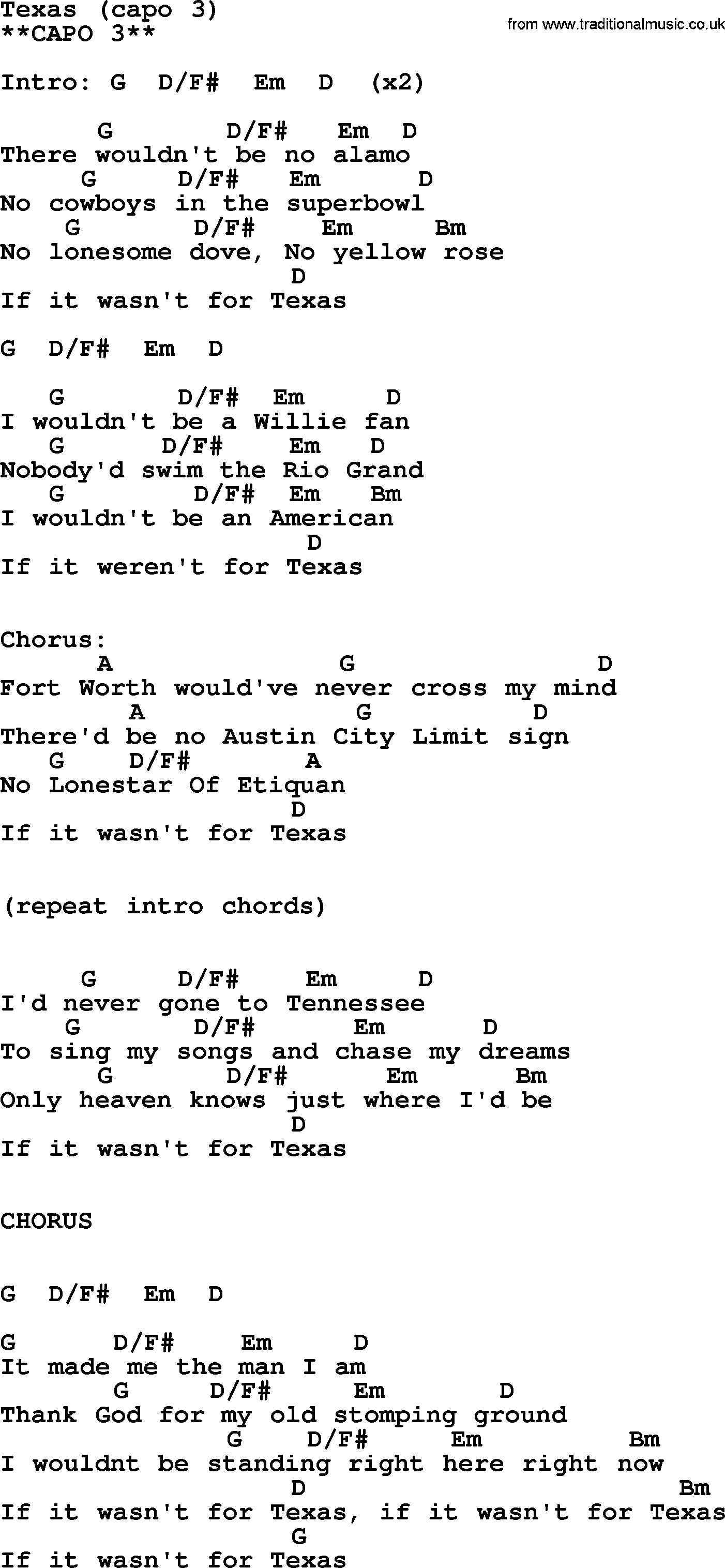 George Strait song: Texas (capo 3), lyrics and chords