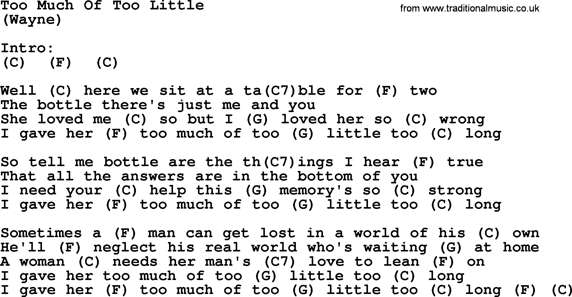 George Strait song: Too Much Of Too Little, lyrics and chords