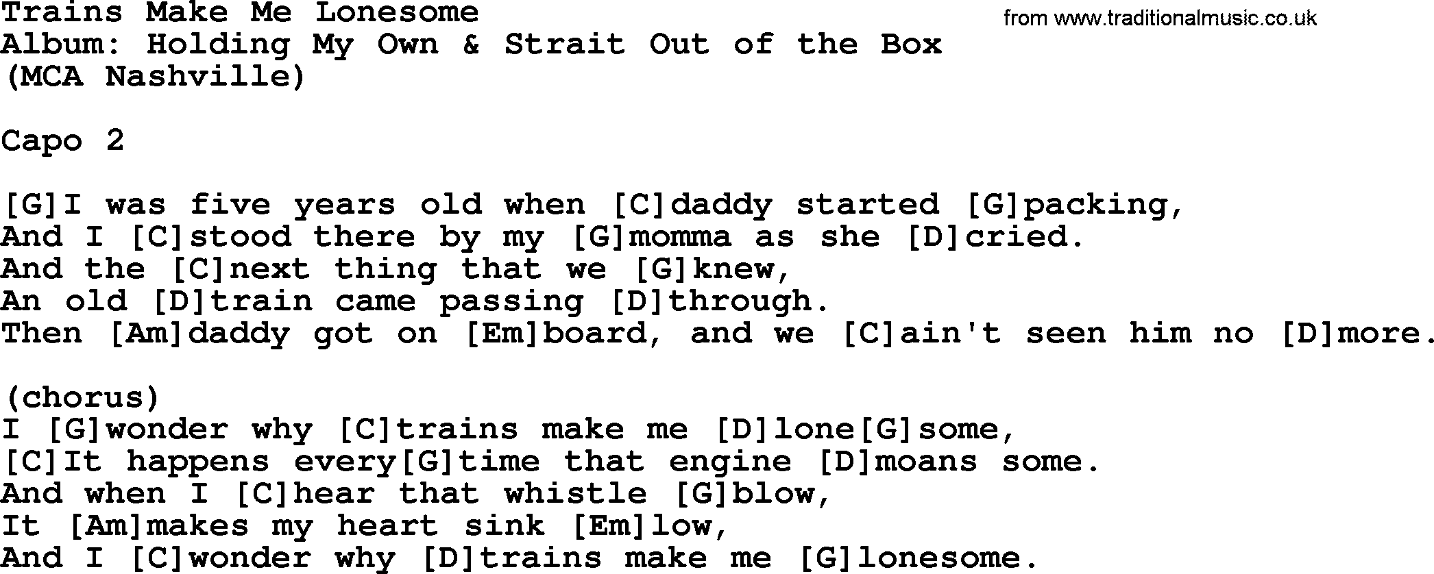 George Strait song: Trains Make Me Lonesome, lyrics and chords