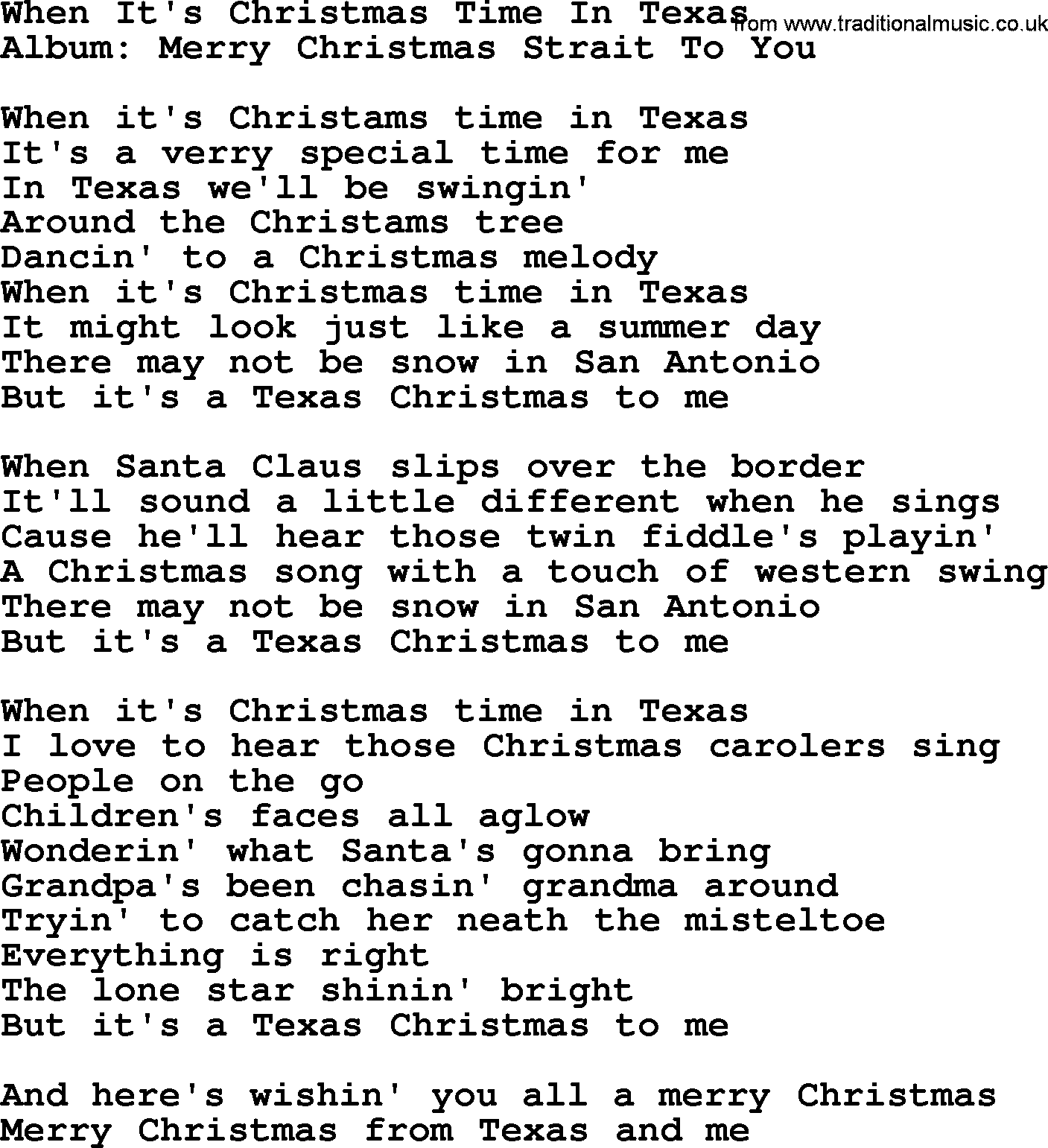 George Strait song: When It's Christmas Time In Texas, lyrics
