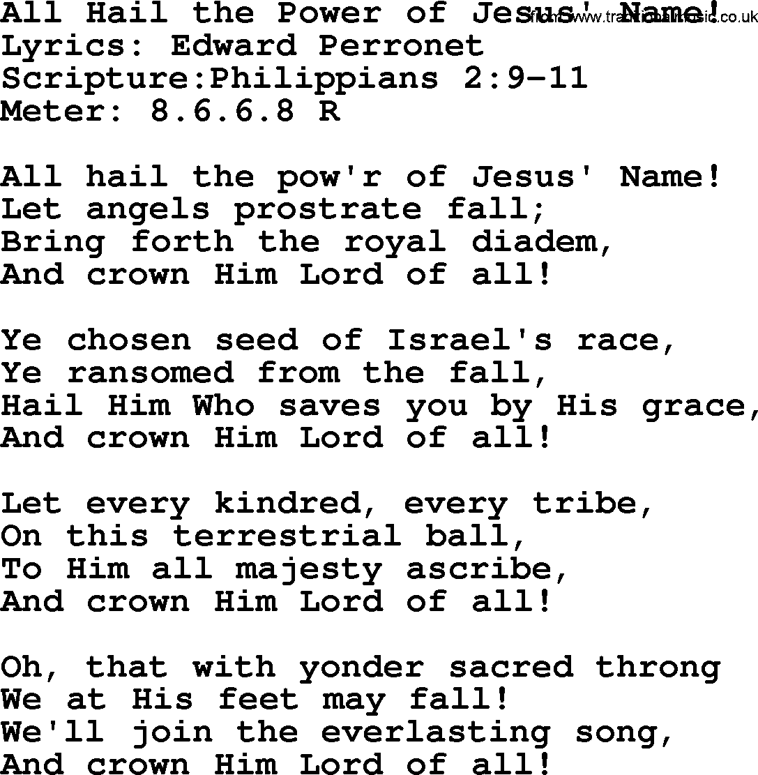 Hymns about  Angels, Hymn: All Hail the Power of Jesus' Name!, lyrics, sheet music, midi & Mp3 music with PDF