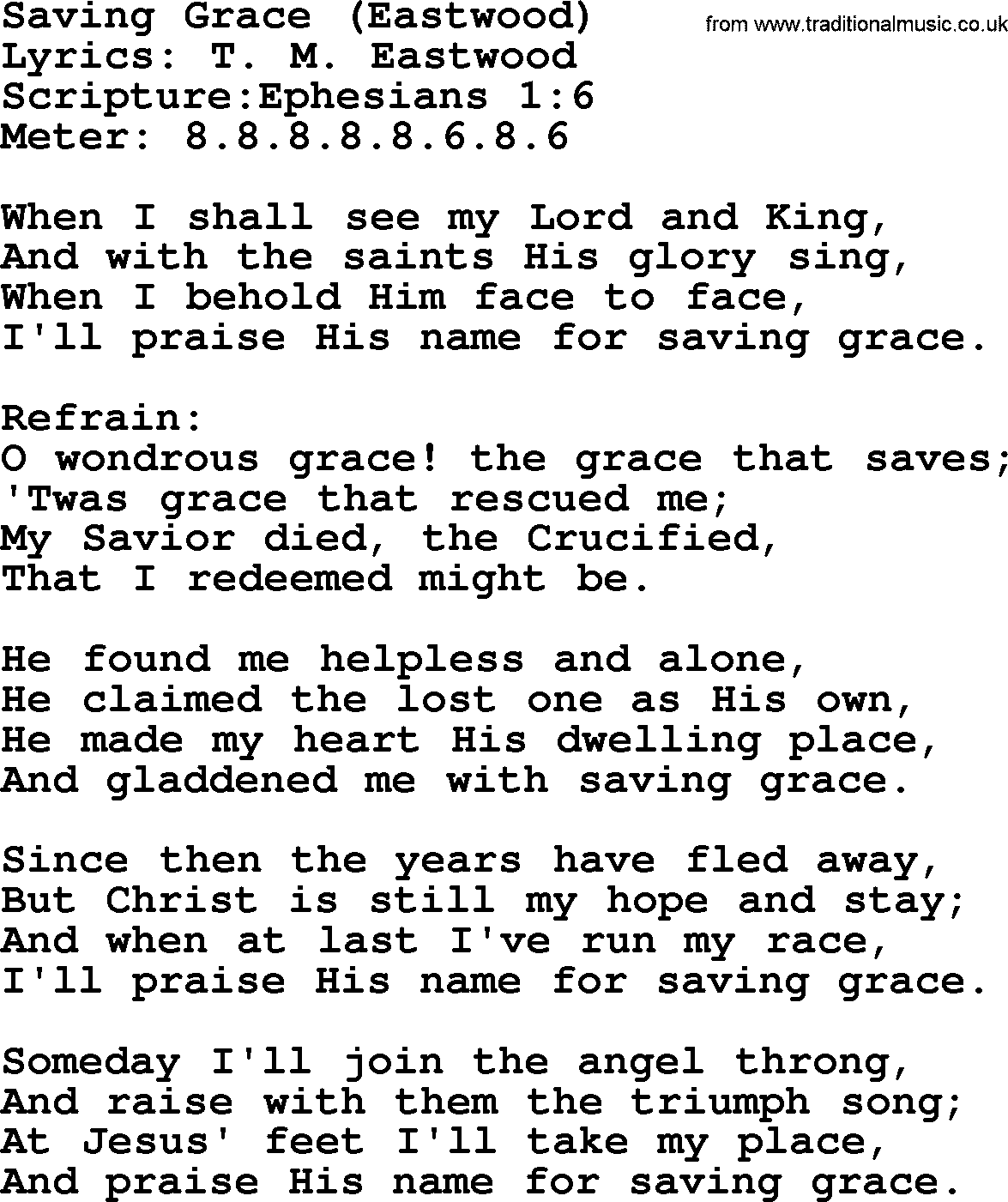 Hymns about  Angels, Hymn: Saving Grace (Eastwood), lyrics, sheet music, midi & Mp3 music with PDF