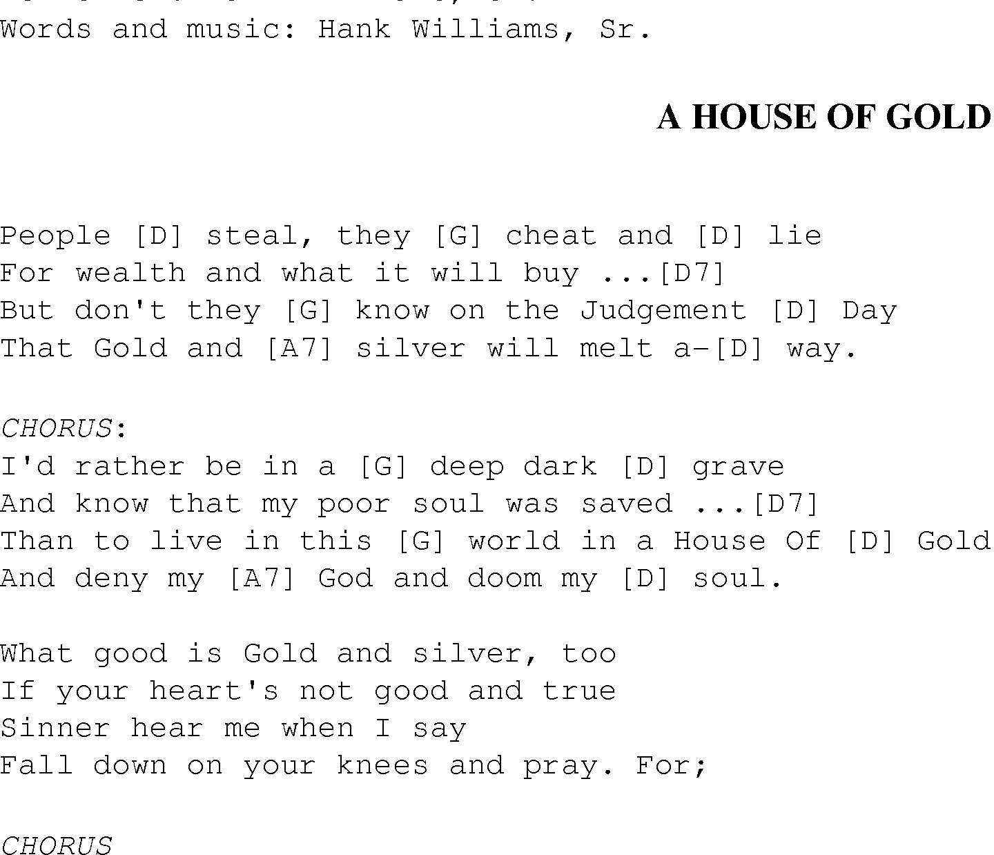 Gospel Song: a_house_of_gold, lyrics and chords.