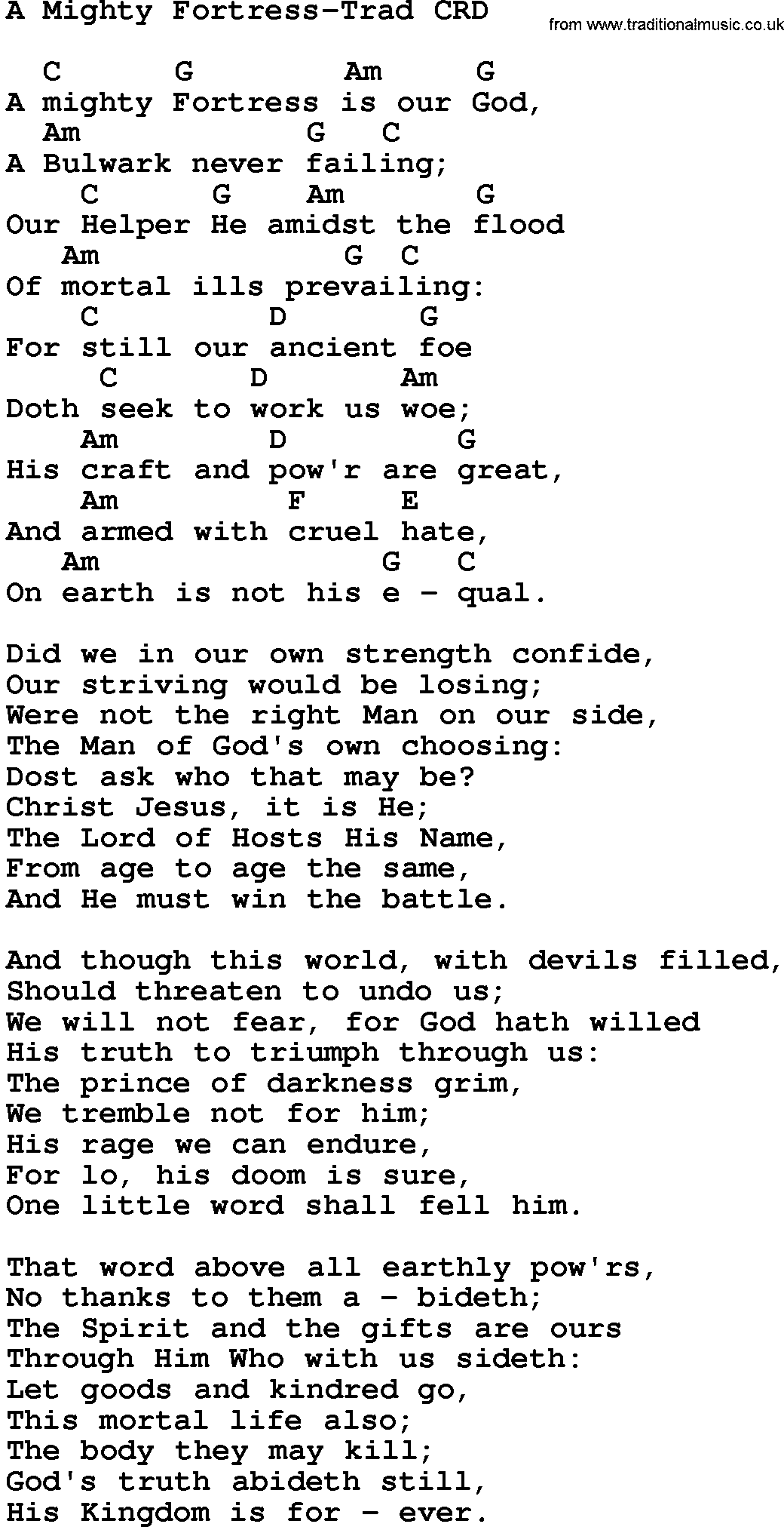 Gospel Song: A Mighty Fortress-Trad, lyrics and chords.