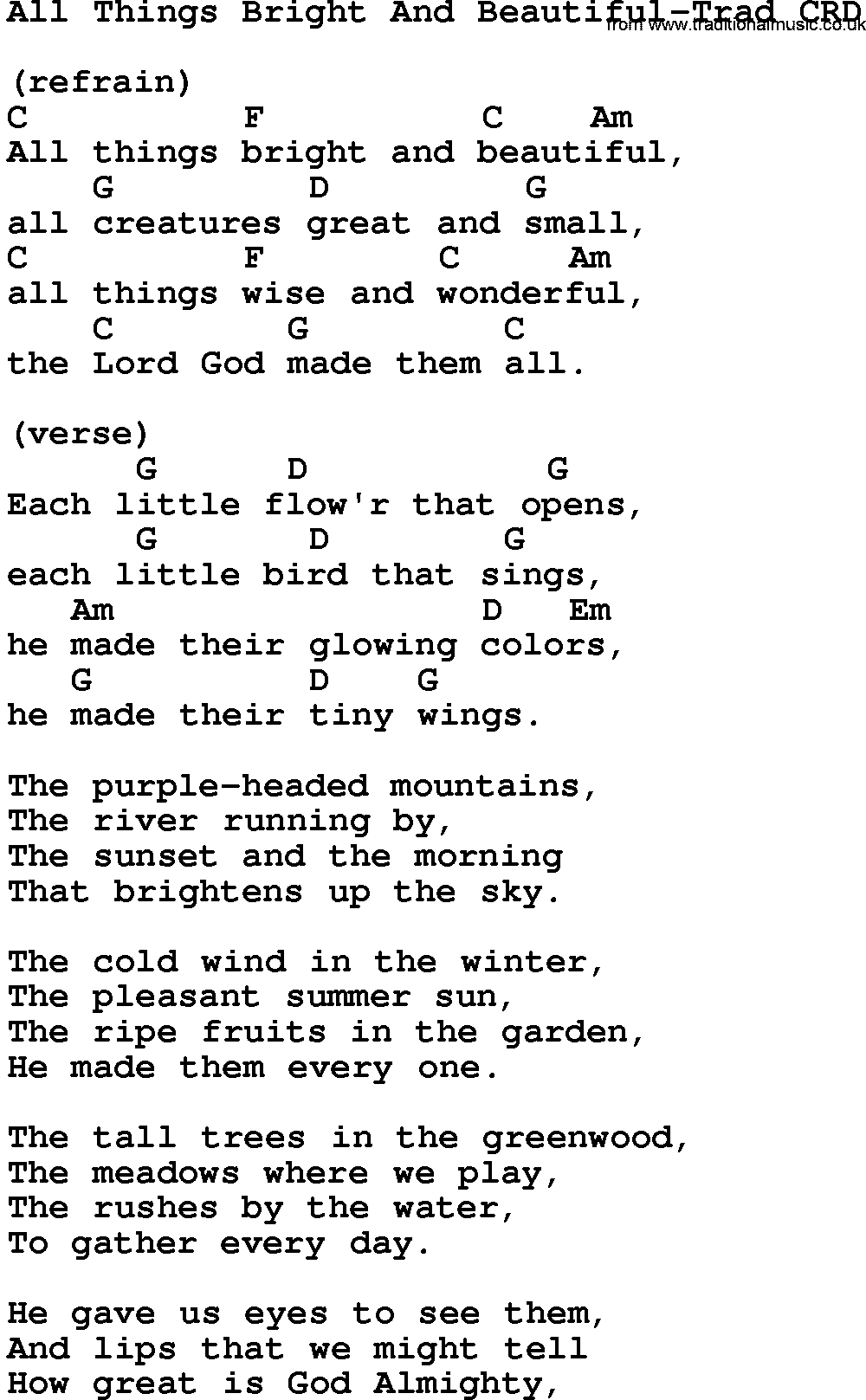Gospel Song: All Things Bright And Beautiful-Trad, lyrics and chords.