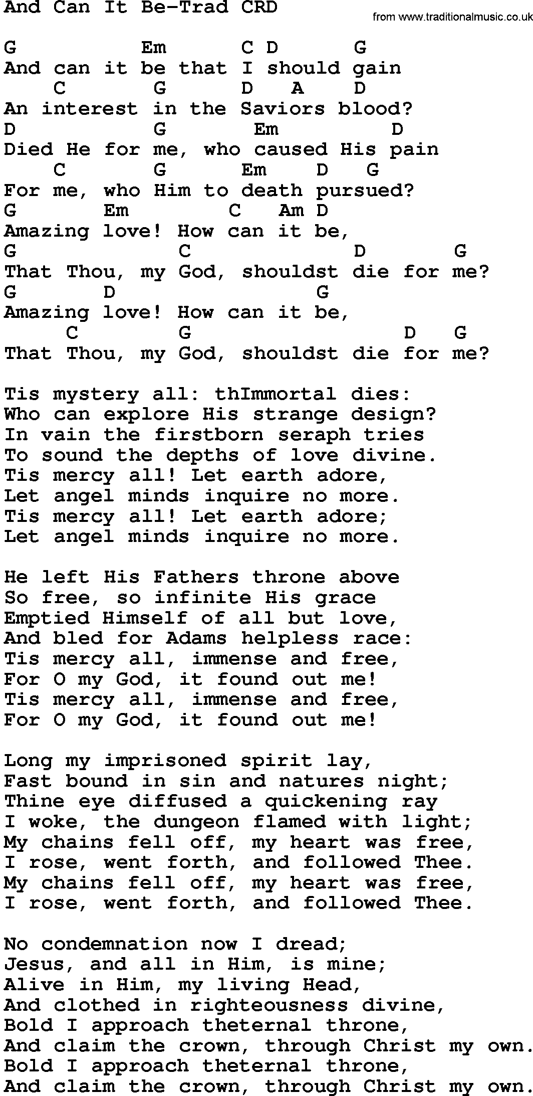 Gospel Song: And Can It Be-Trad, lyrics and chords.