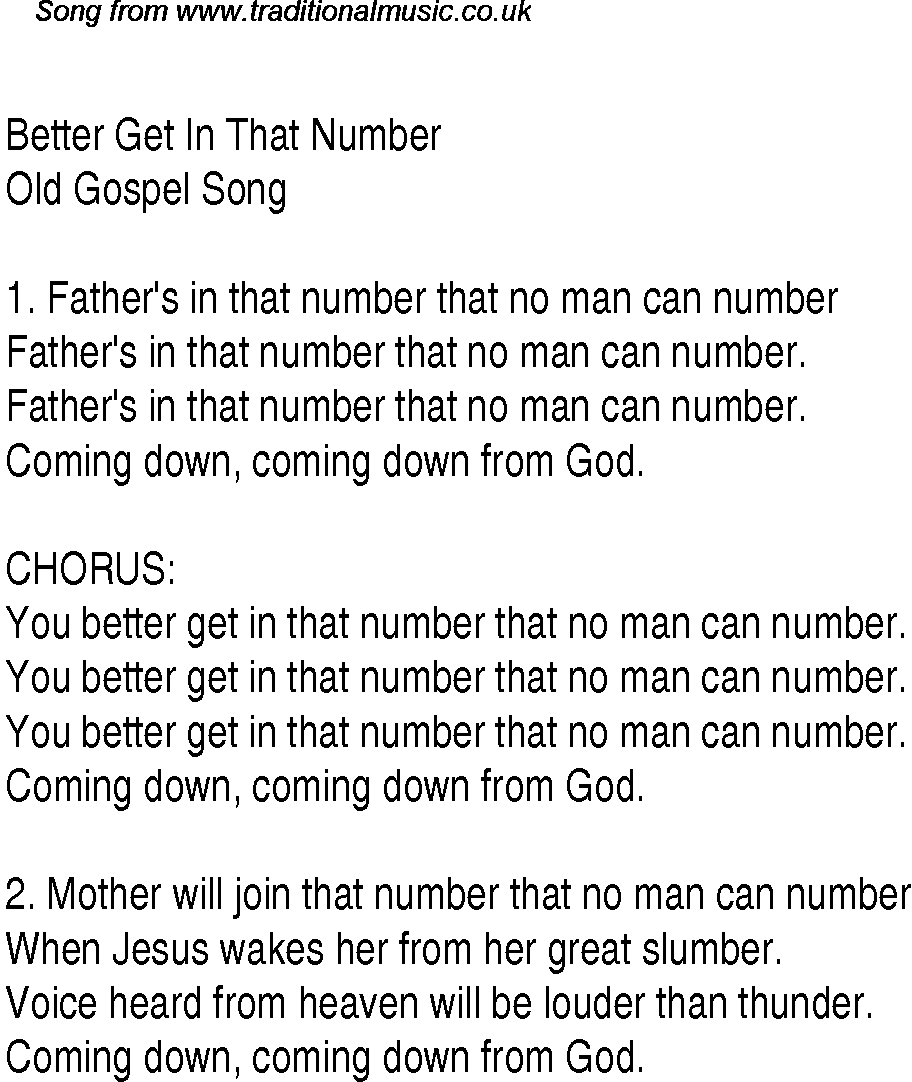 Gospel Song: better-get-in-that-number, lyrics and chords.